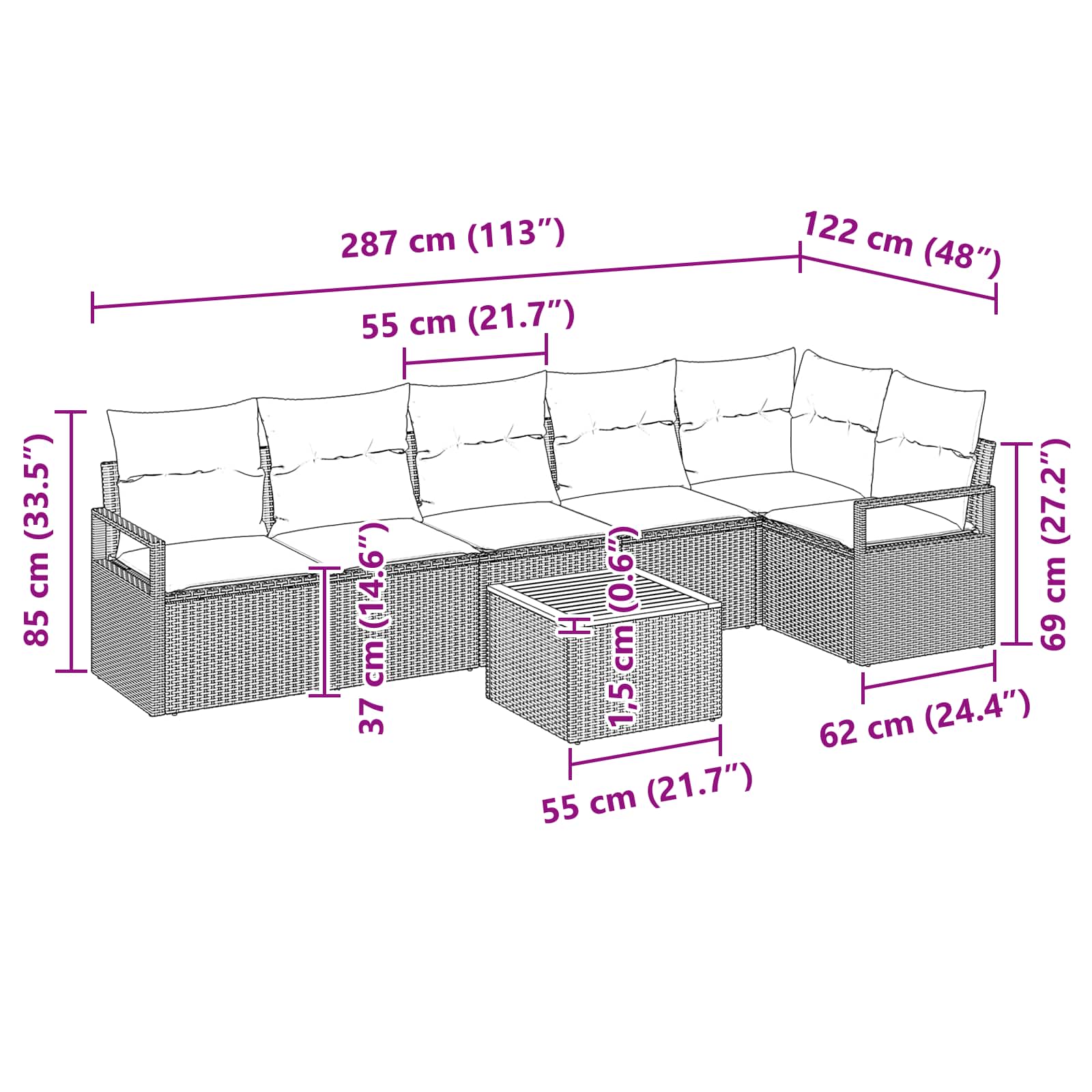 vidaXL Tuinbankenset met kussen 7 pcs Grijs poly rattan