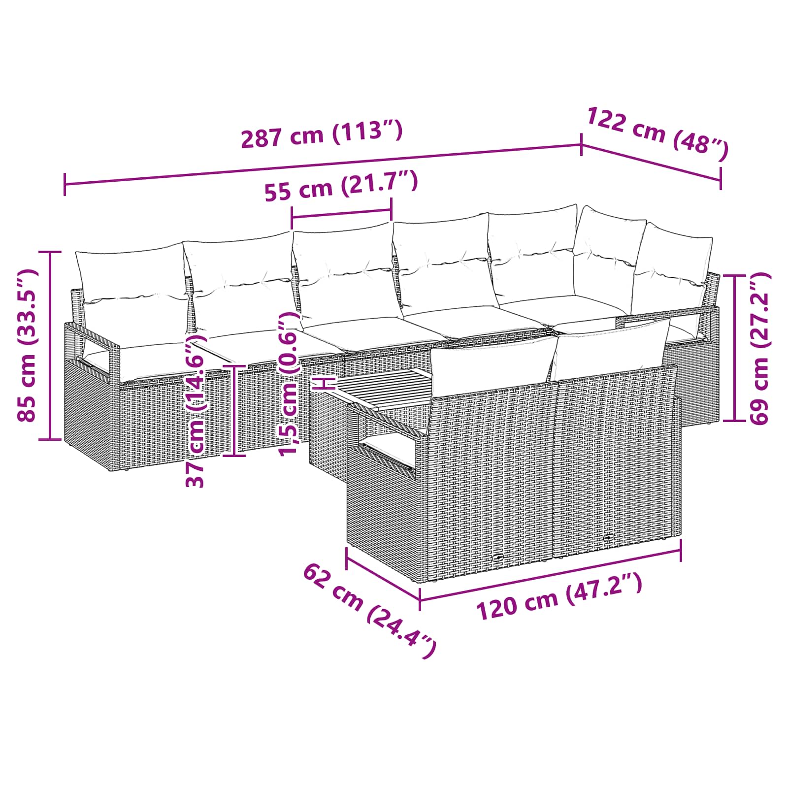 vidaXL Tuinbankenset met kussen 9 pcs Grijs poly rattan