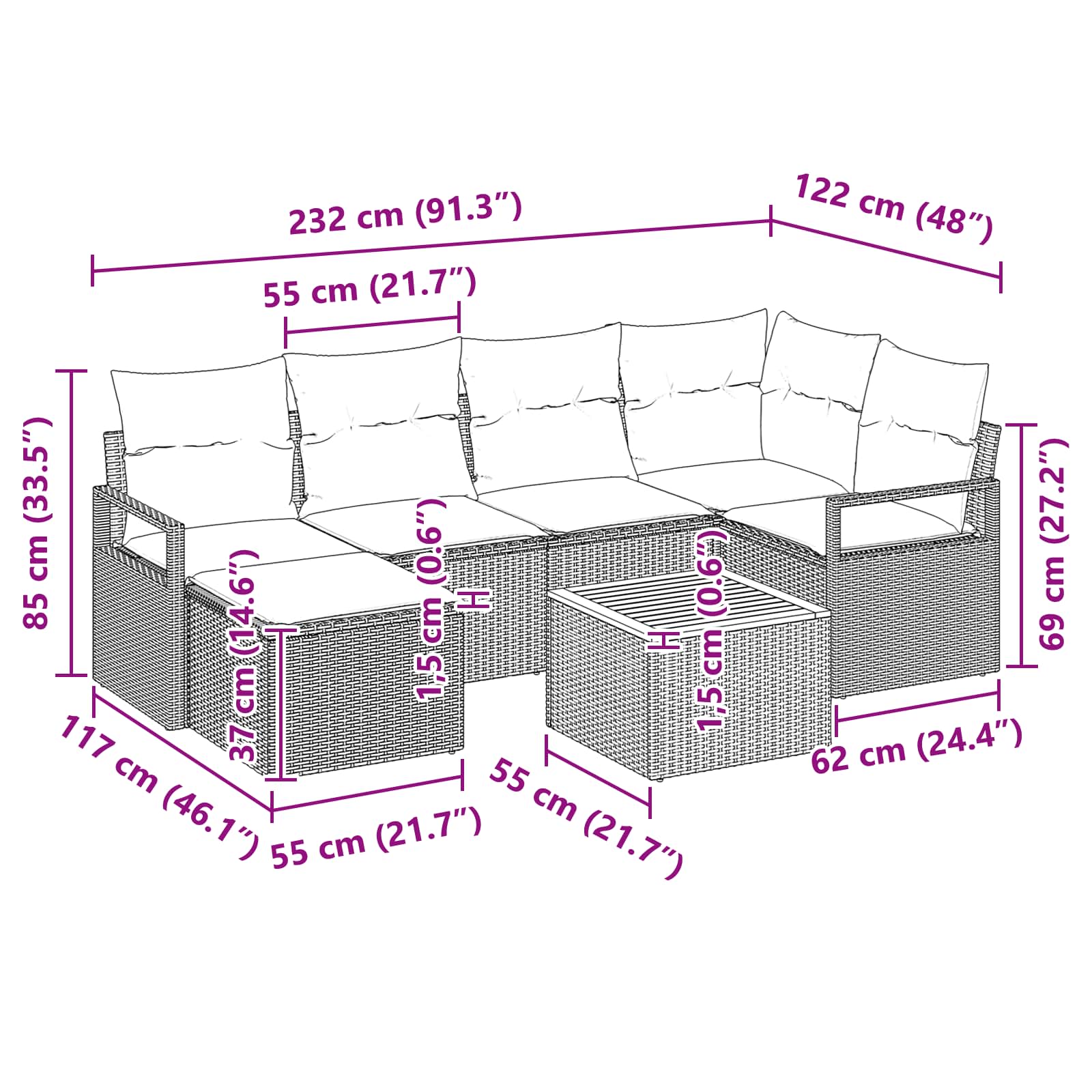 vidaXL Tuinbankenset met kussen 7 pcs Grijs poly rattan