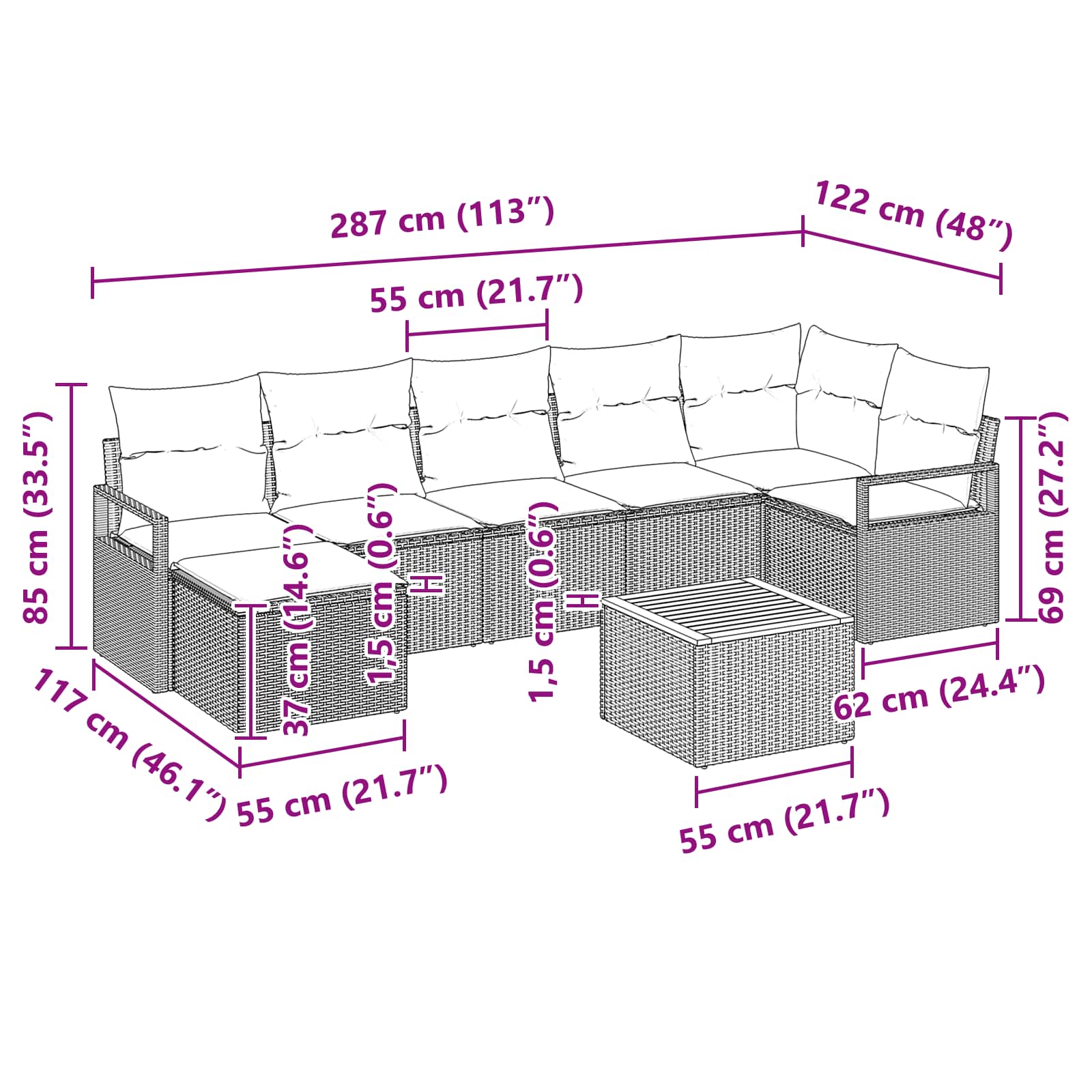 vidaXL Tuinbankenset met kussen 8 pcs Grijs poly rattan