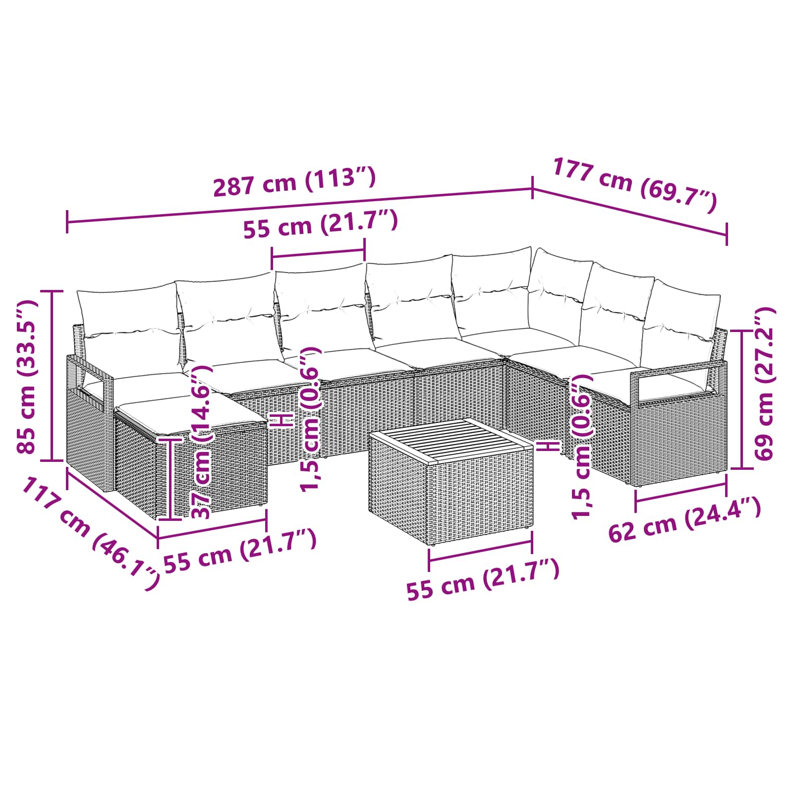 vidaXL Tuinbankenset met kussen 9 pcs Grijs poly rattan