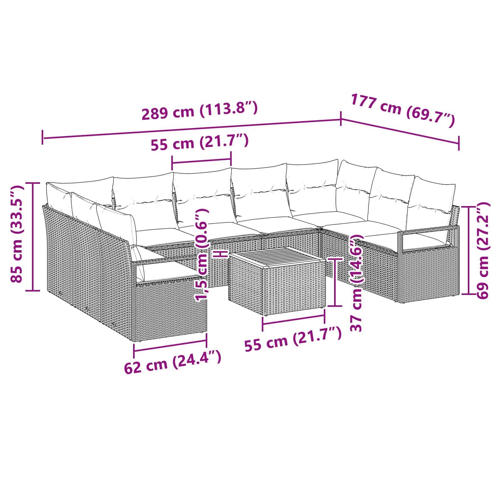 vidaXL Tuinbankenset met kussen 10 pcs Grijs poly rattan