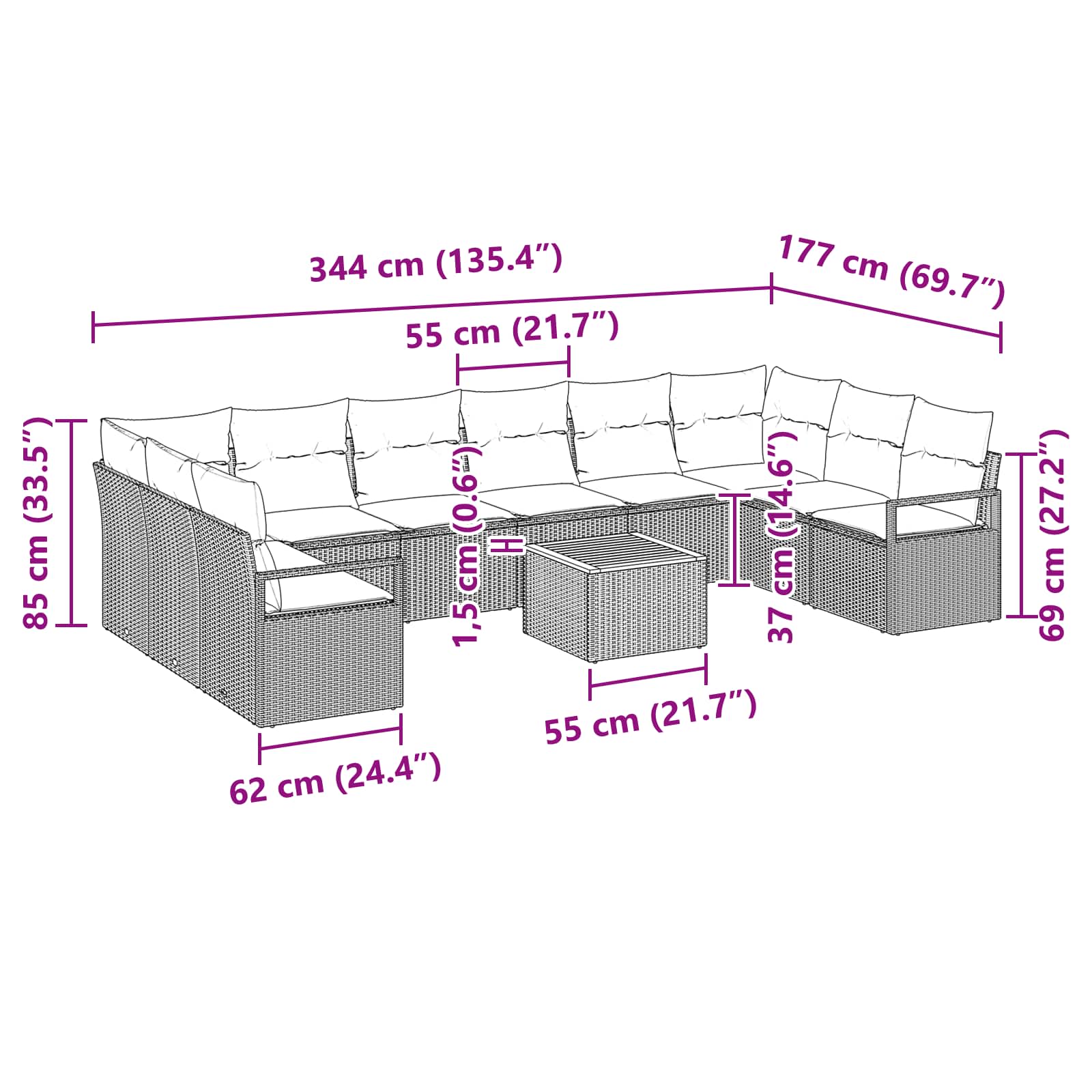 vidaXL Tuinbankenset met kussen 11 pcs Grijs poly rattan