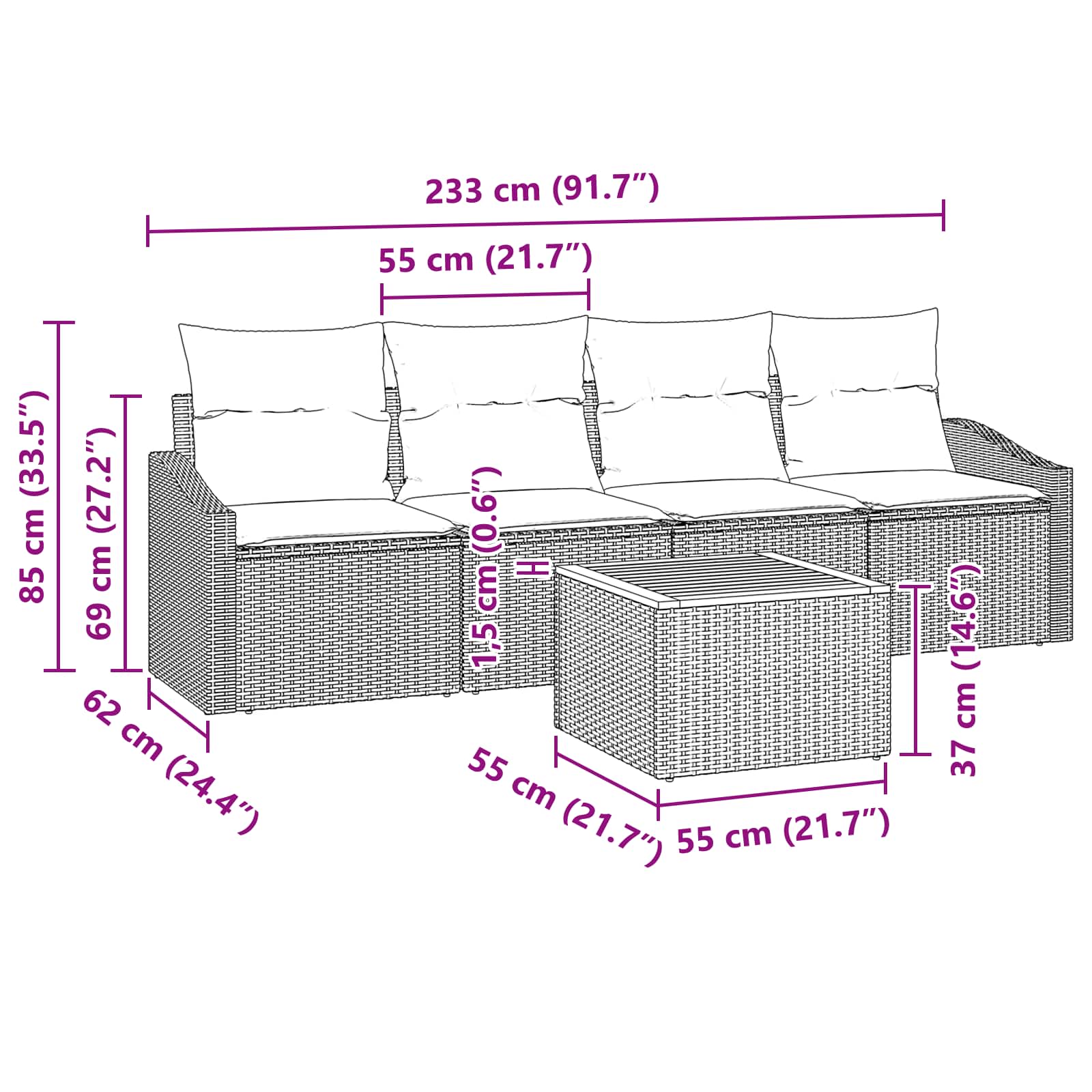 vidaXL Tuinbankenset met kussen 5 pcs Zwart poly rattan