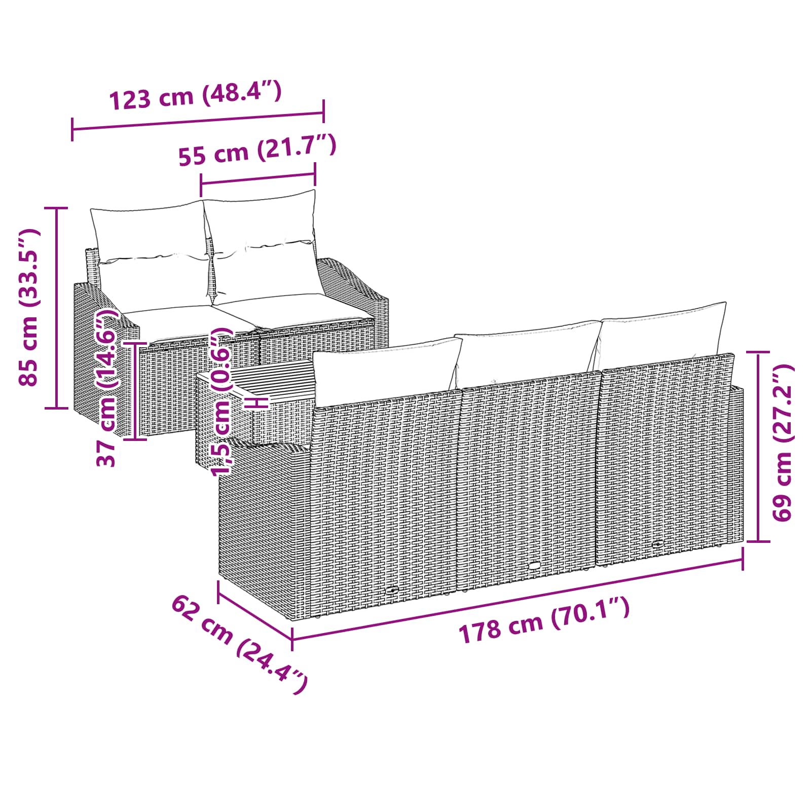 vidaXL Tuinbankenset met kussen 6 pcs Zwart poly rattan