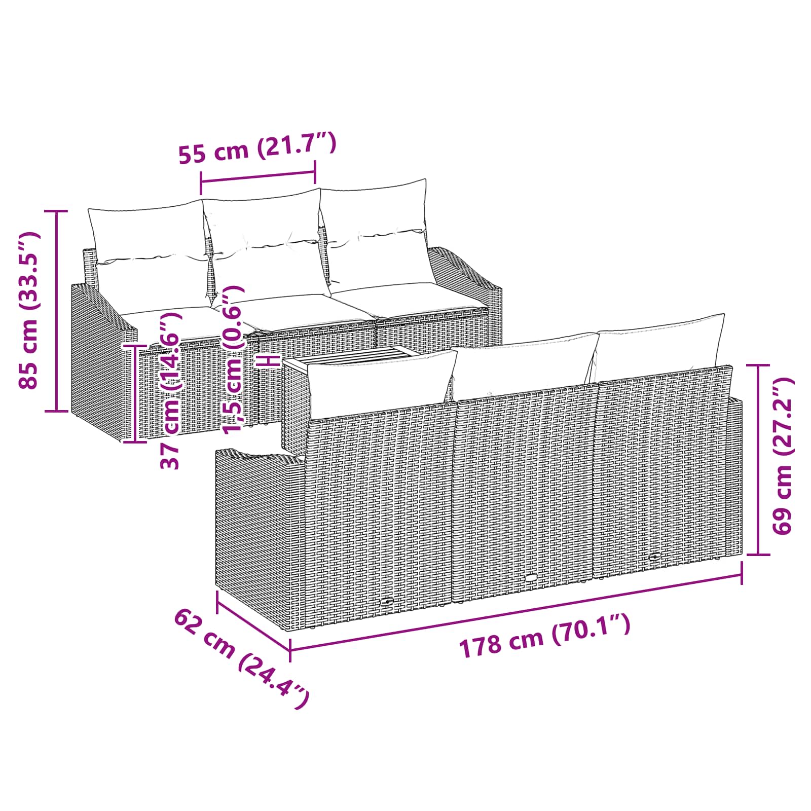 vidaXL Tuinbankenset met kussen 7 pcs Zwart poly rattan
