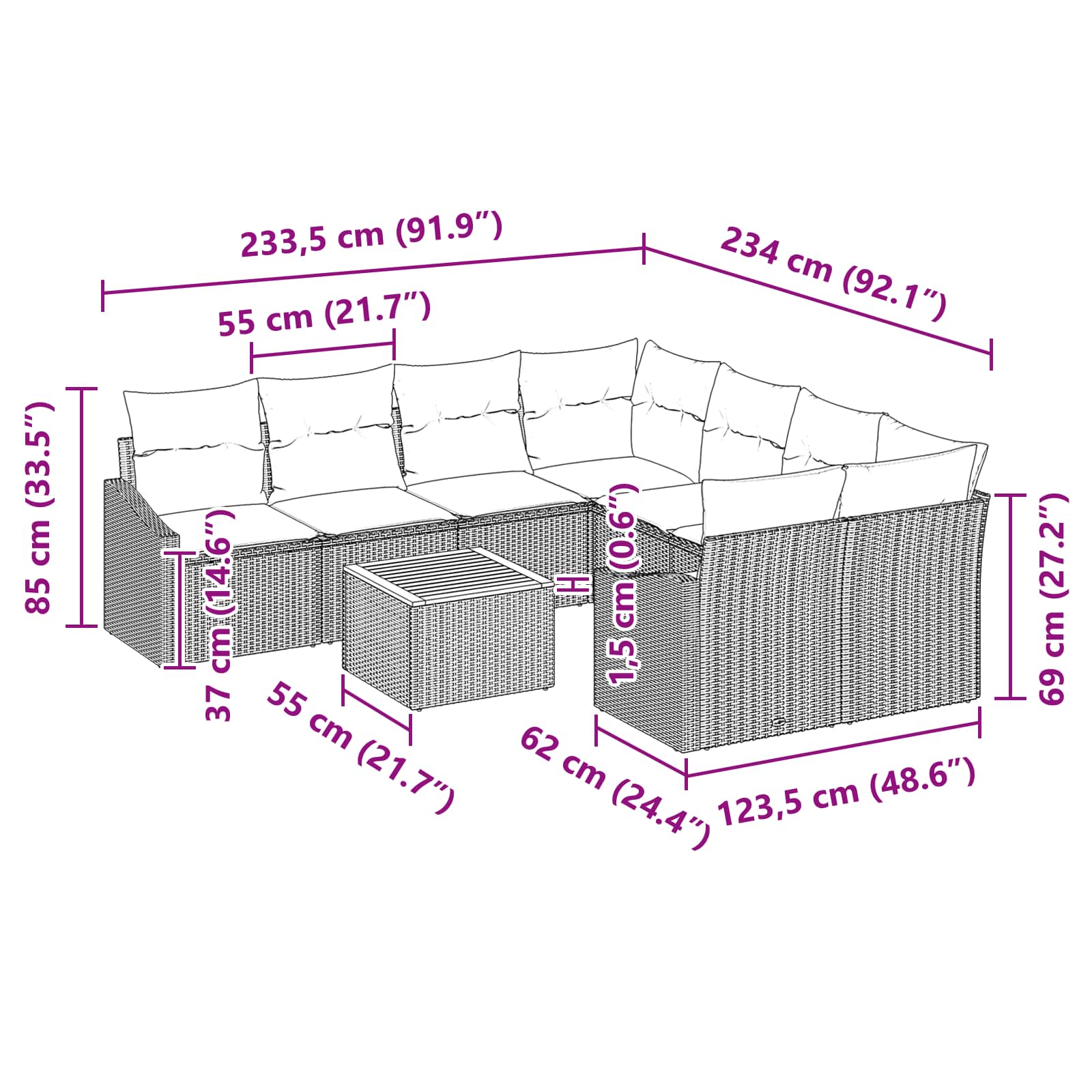 vidaXL Tuinbankenset met kussen 9 pcs Zwart poly rattan