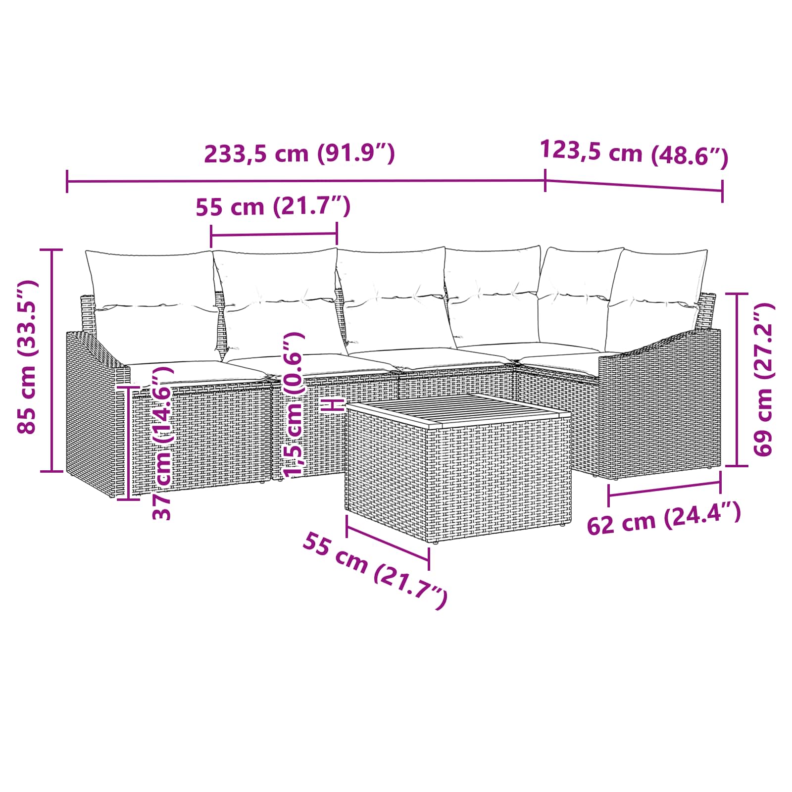 vidaXL Tuinbankenset met kussen 6 pcs Zwart poly rattan