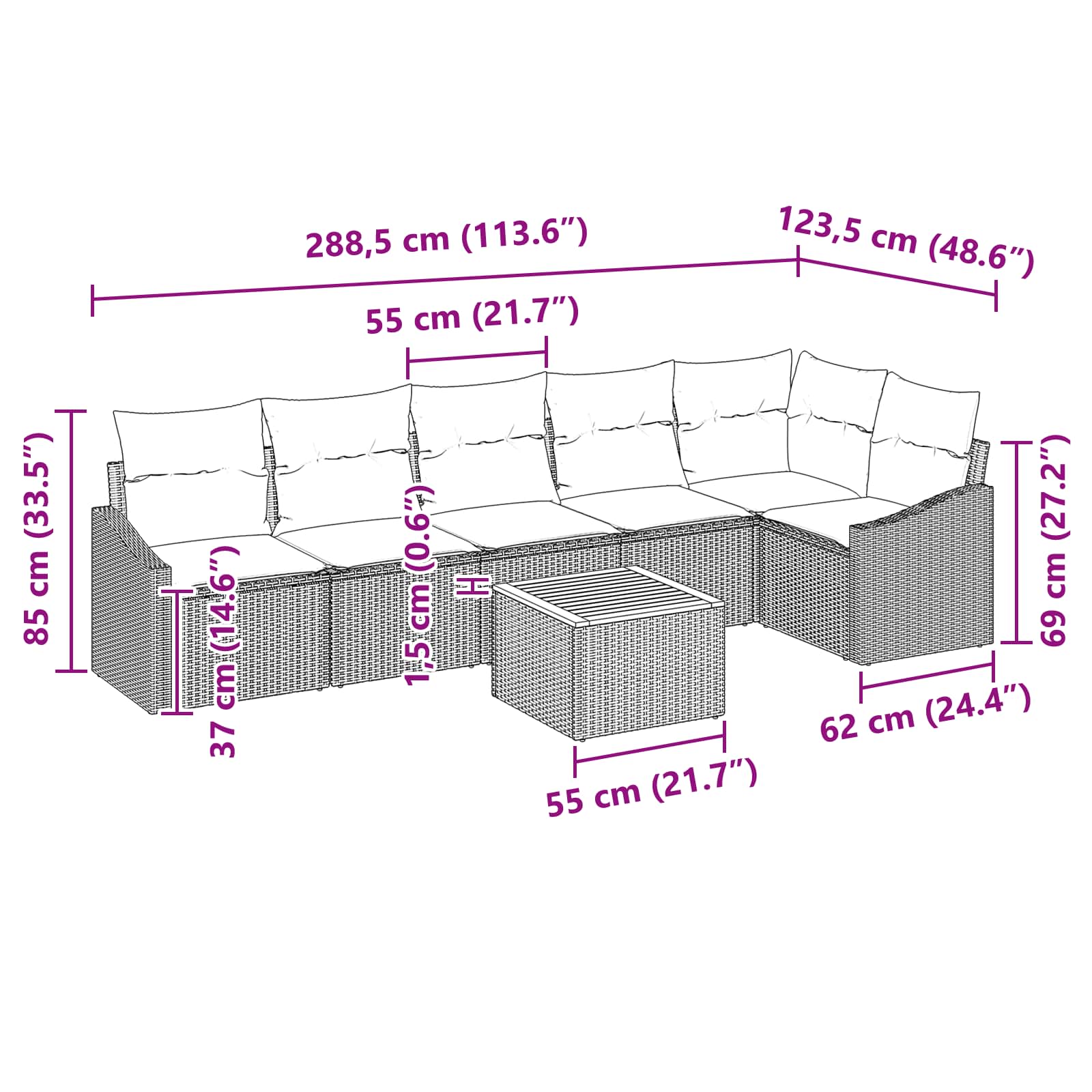 vidaXL Tuinbankenset met kussen 7 pcs Zwart poly rattan