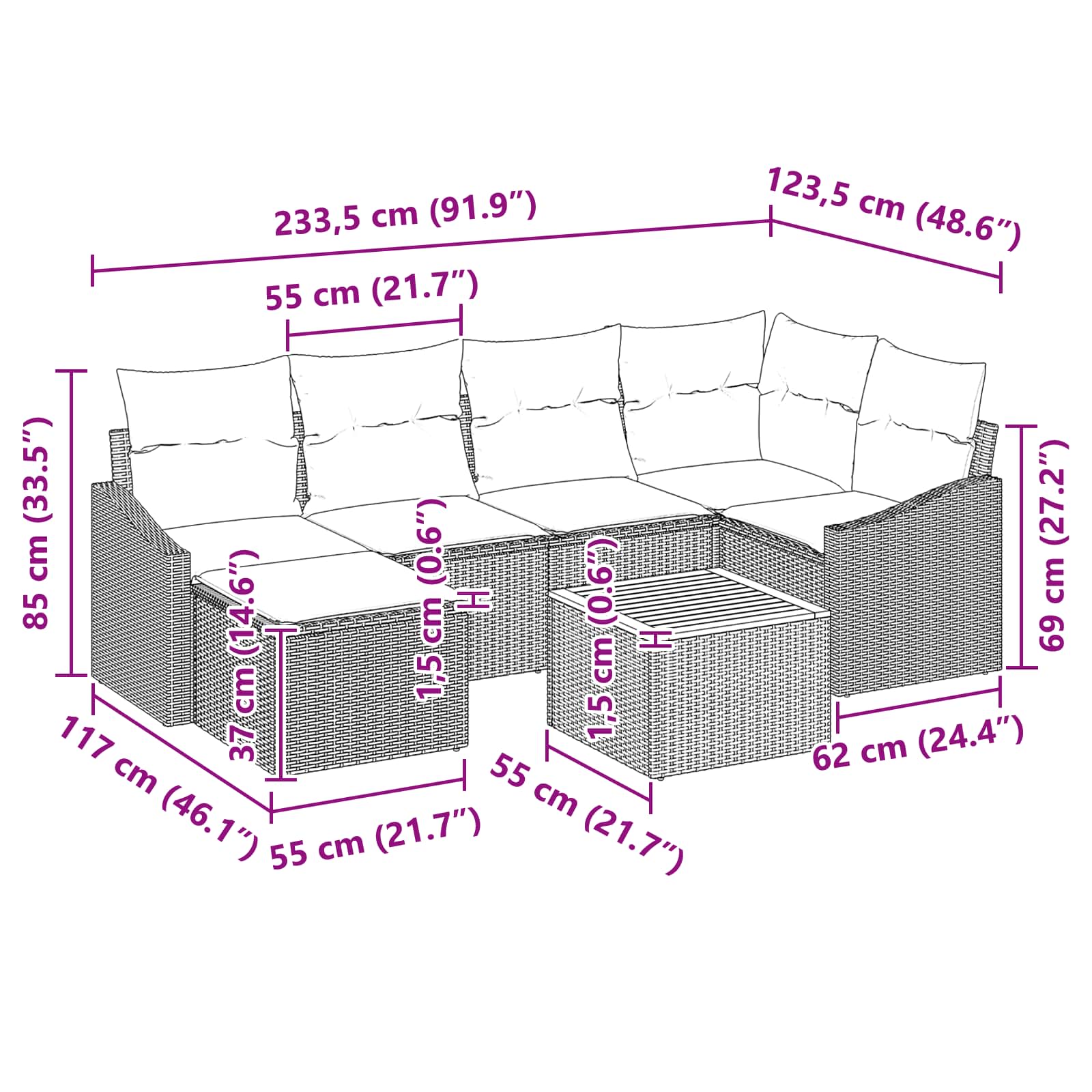 vidaXL Tuinbankenset met kussen 7 pcs Zwart poly rattan