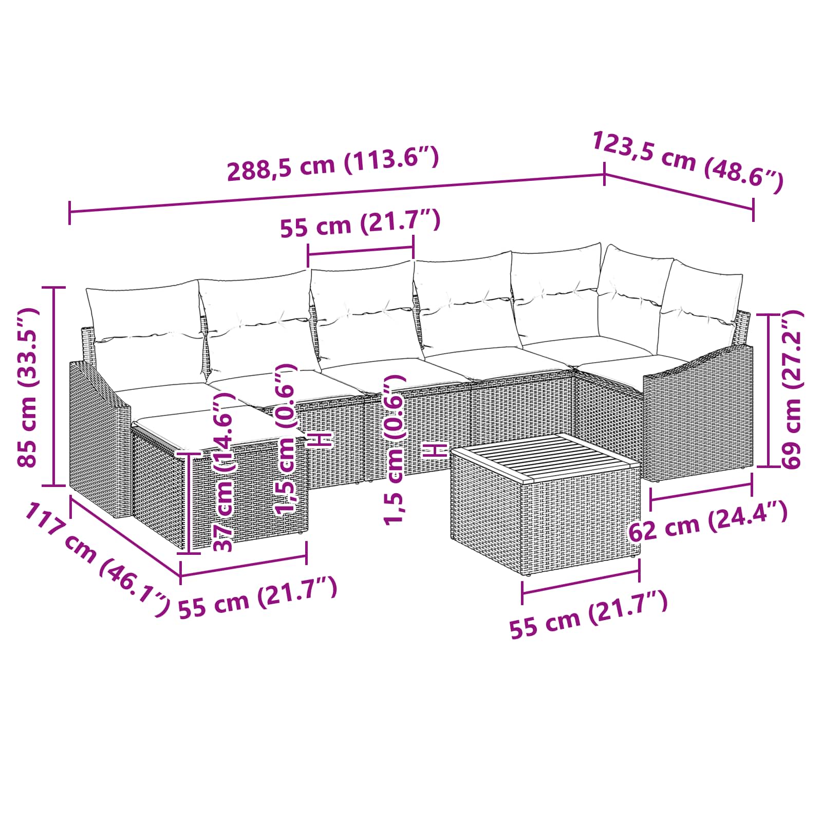 vidaXL Tuinbankenset met kussen 8 pcs Zwart poly rattan