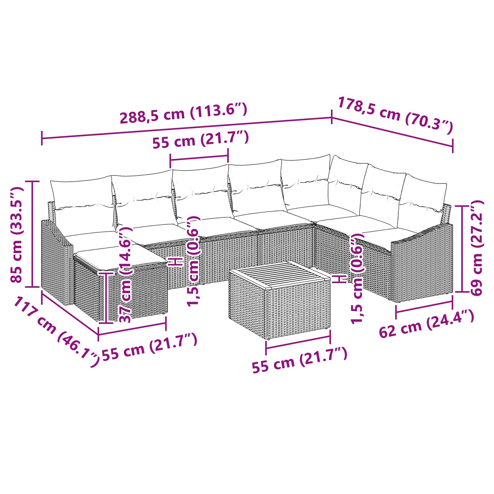 vidaXL Tuinbankenset met kussen 9 pcs Zwart poly rattan