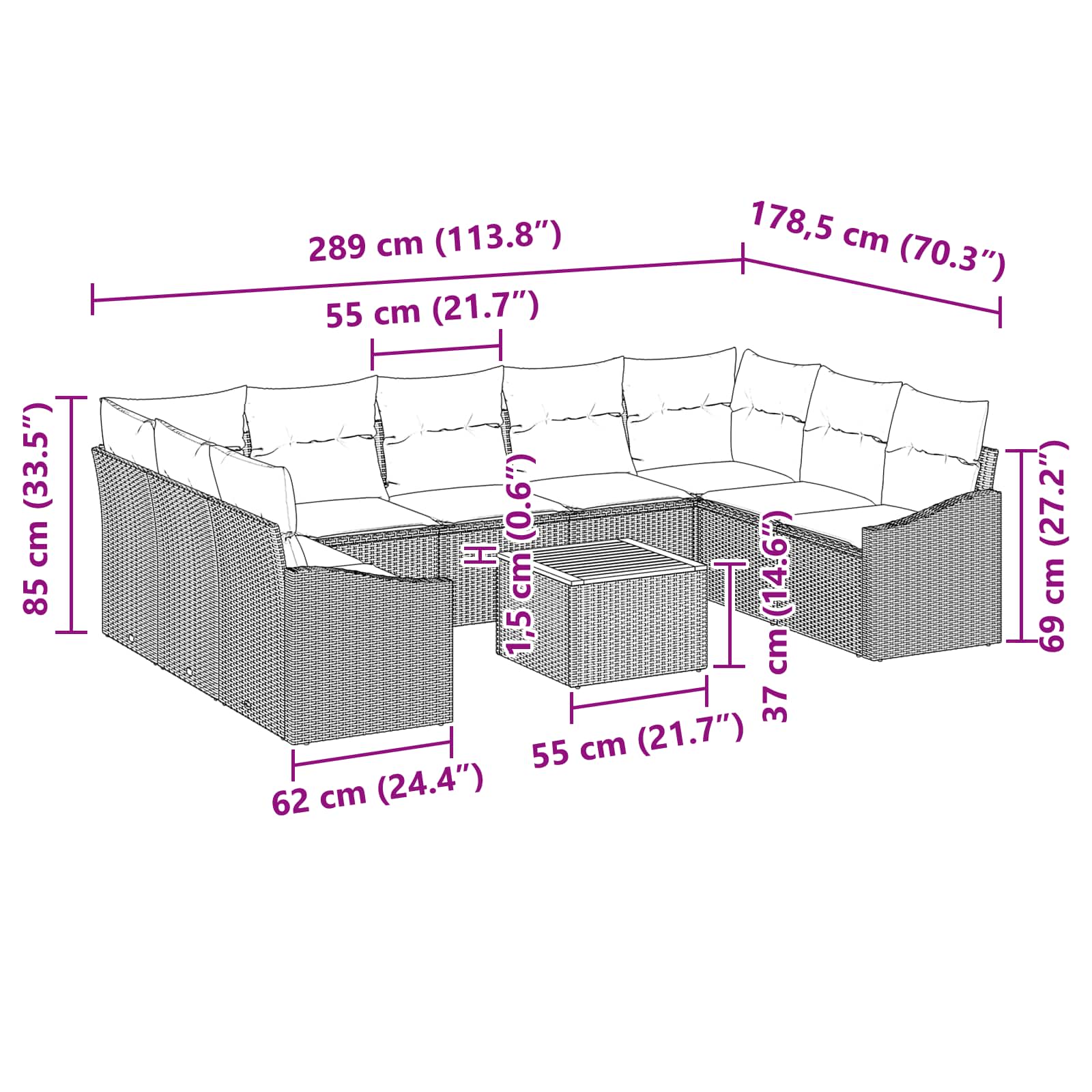 vidaXL Tuinbankenset met kussen 10 pcs Zwart poly rattan