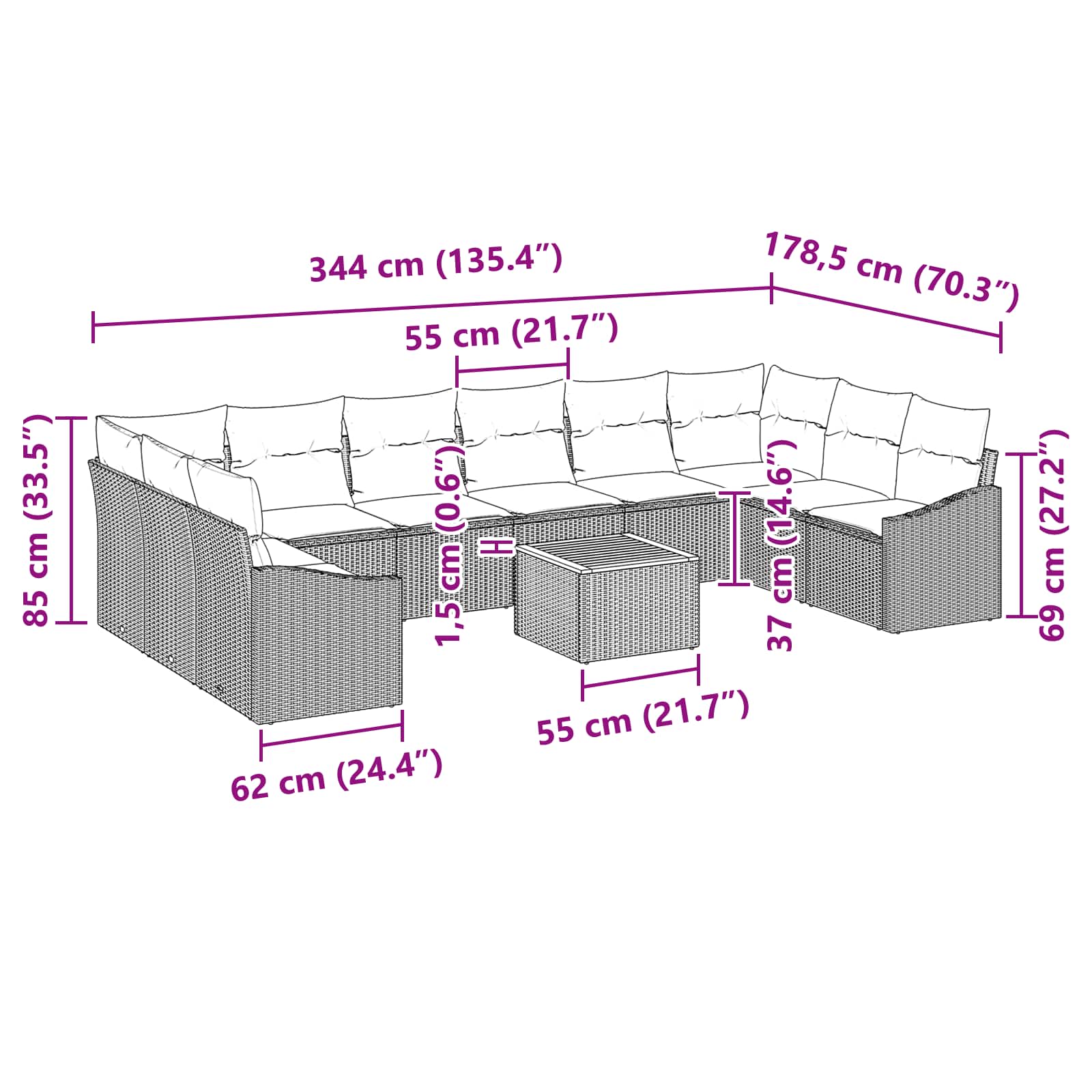 vidaXL Tuinbankenset met kussen 11 pcs Zwart poly rattan