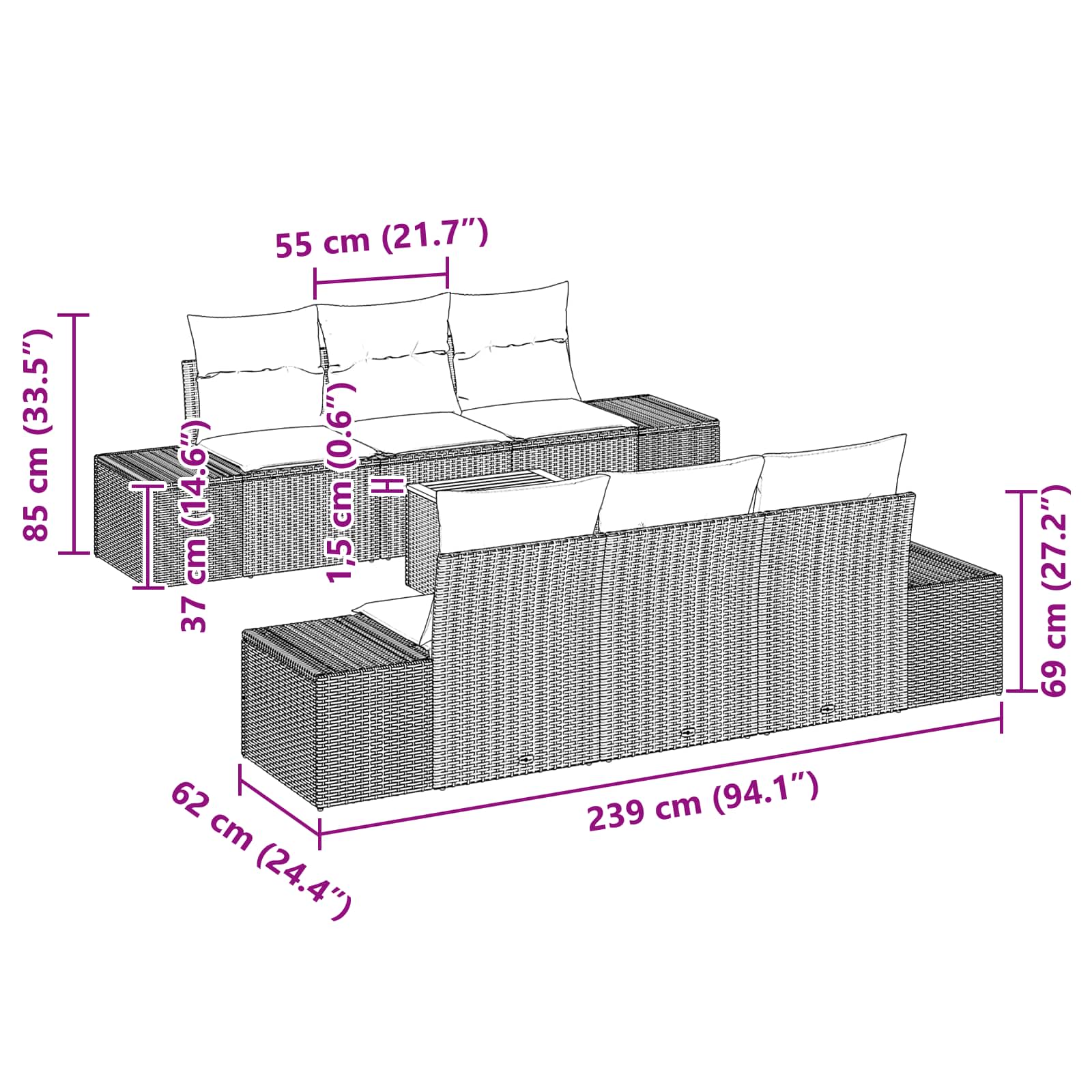 vidaXL Tuinbankenset 7 st Zwart poly rattan