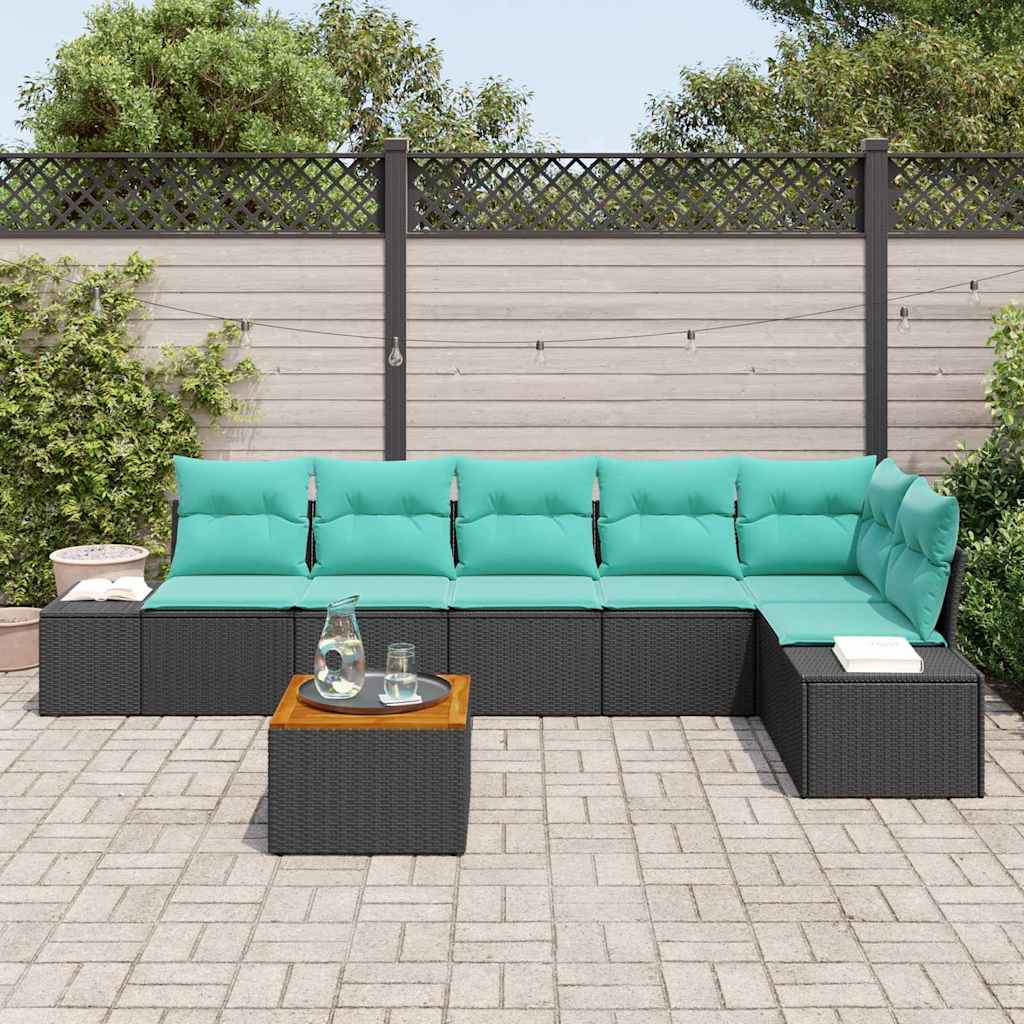 vidaXL Tuinbankenset met kussen 7 pcs Zwart poly rattan