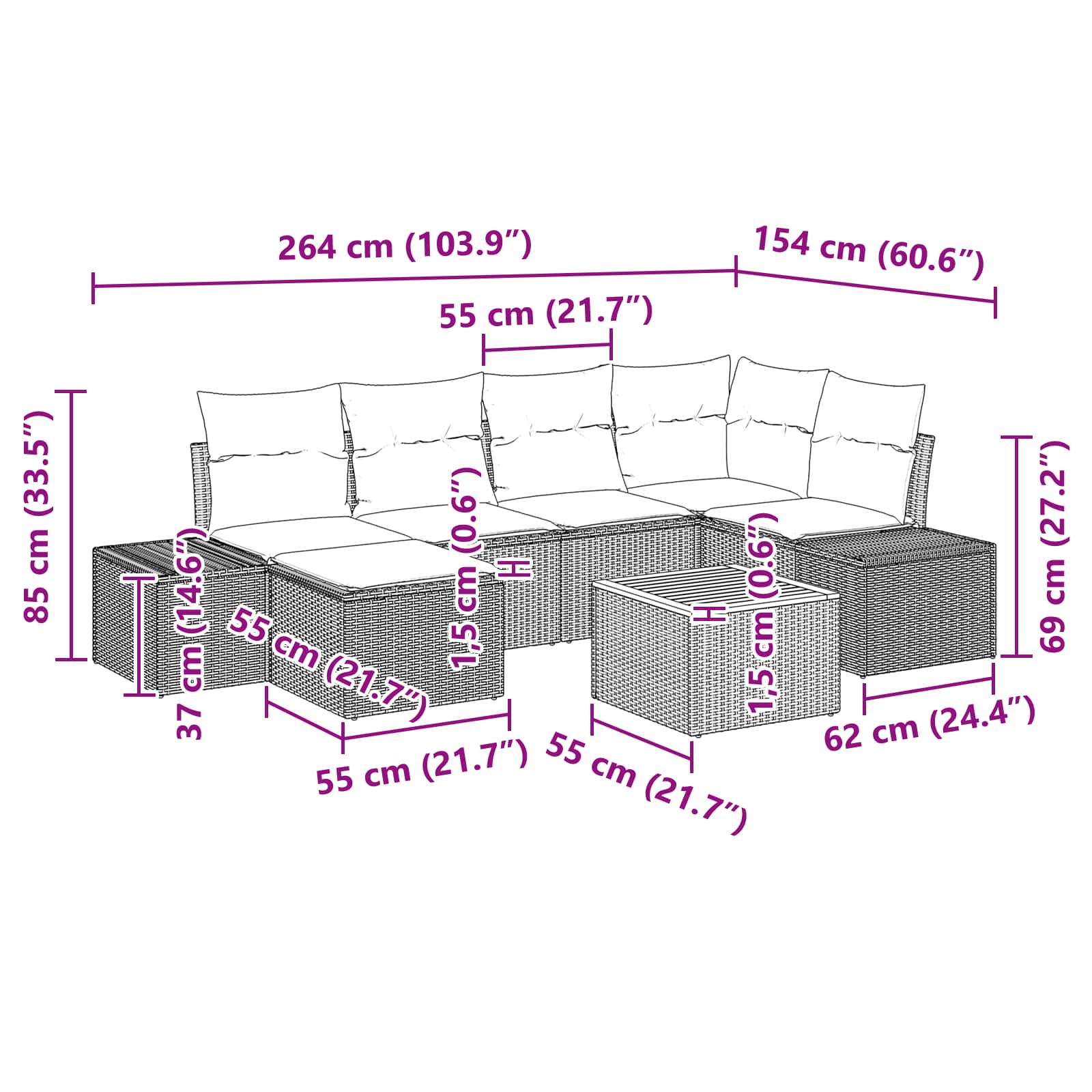 vidaXL Tuinbankenset met kussen 7 pcs Zwart poly rattan