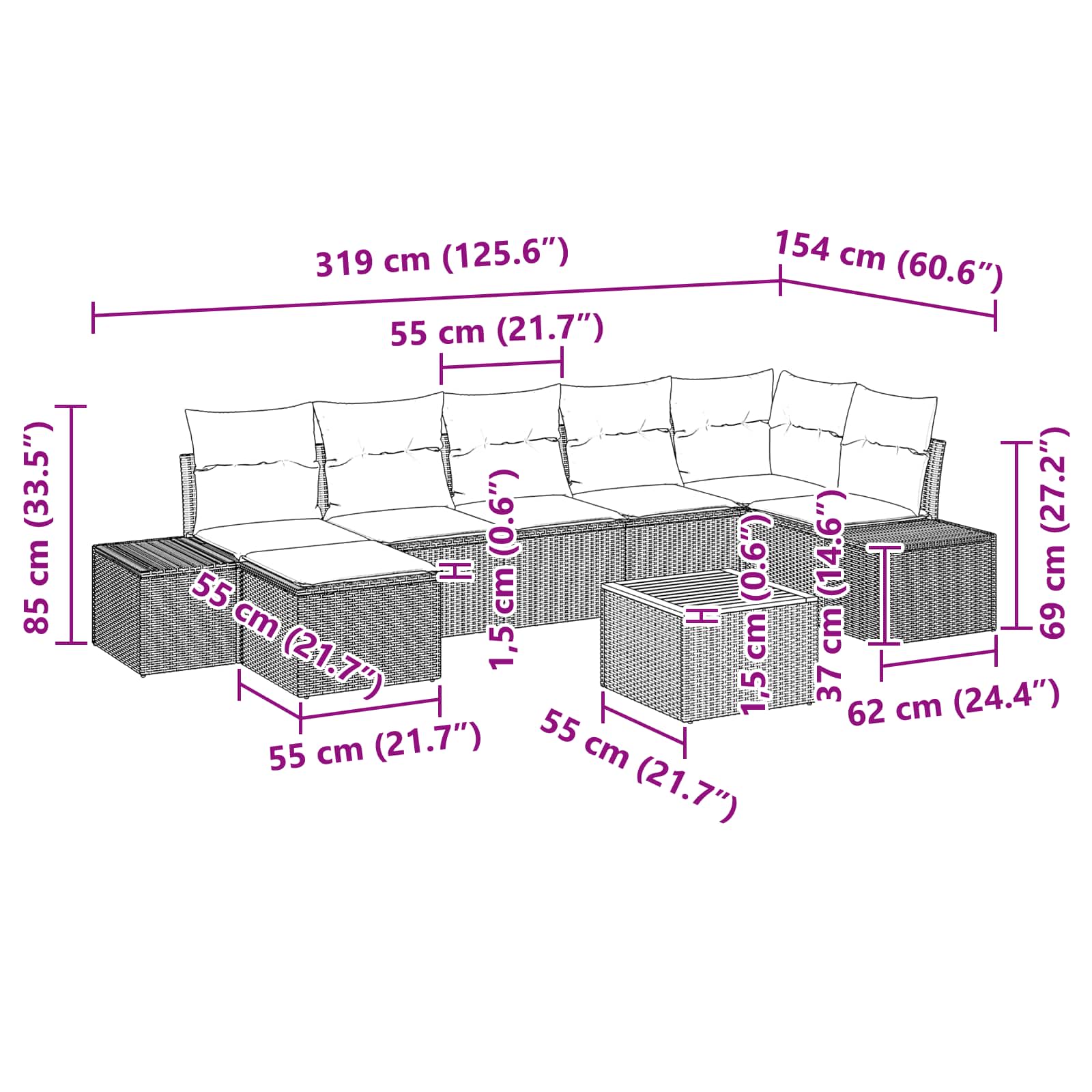 vidaXL Tuinbankenset met kussen 8 pcs Zwart poly rattan