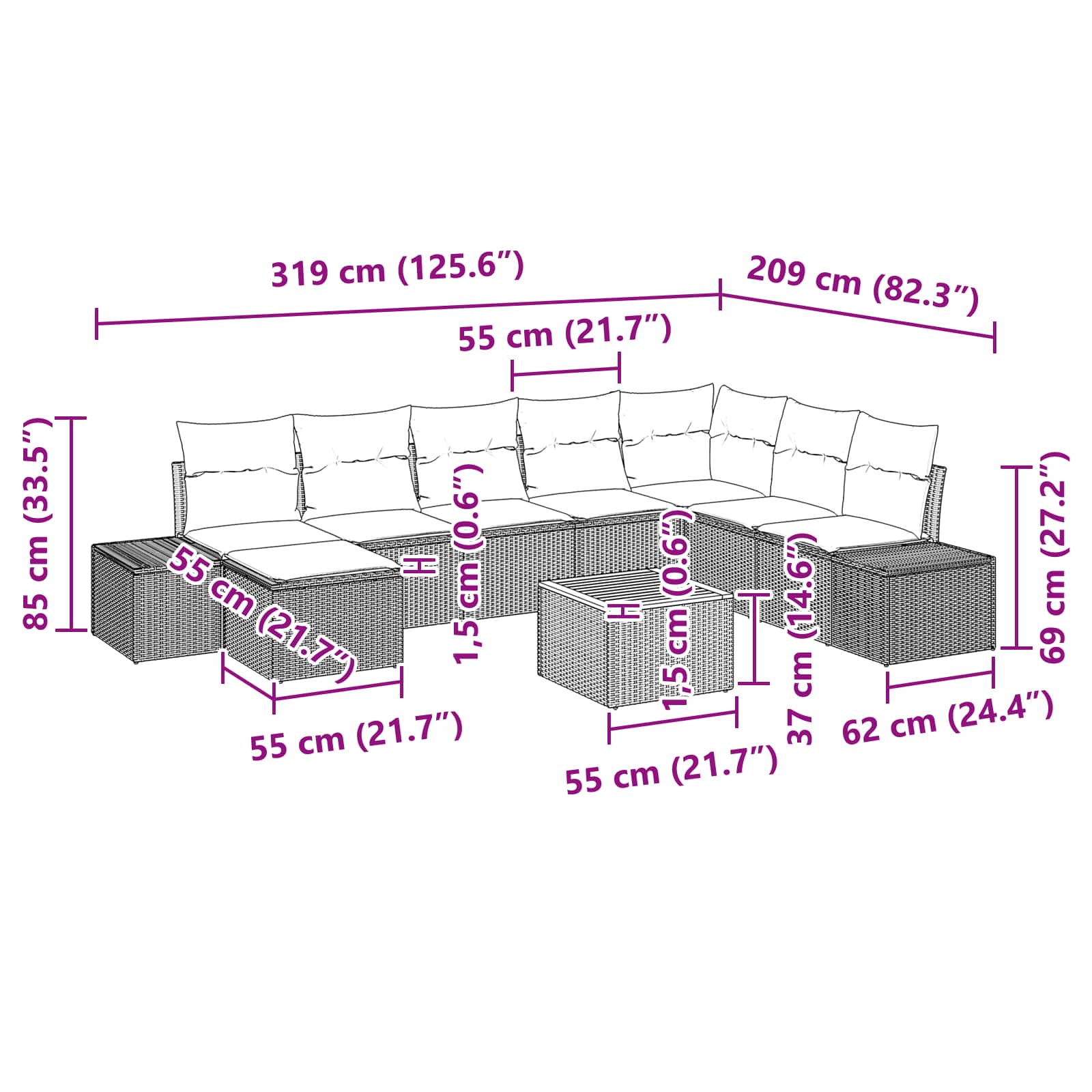 vidaXL Tuinbankenset met kussen 9 pcs Zwart poly rattan