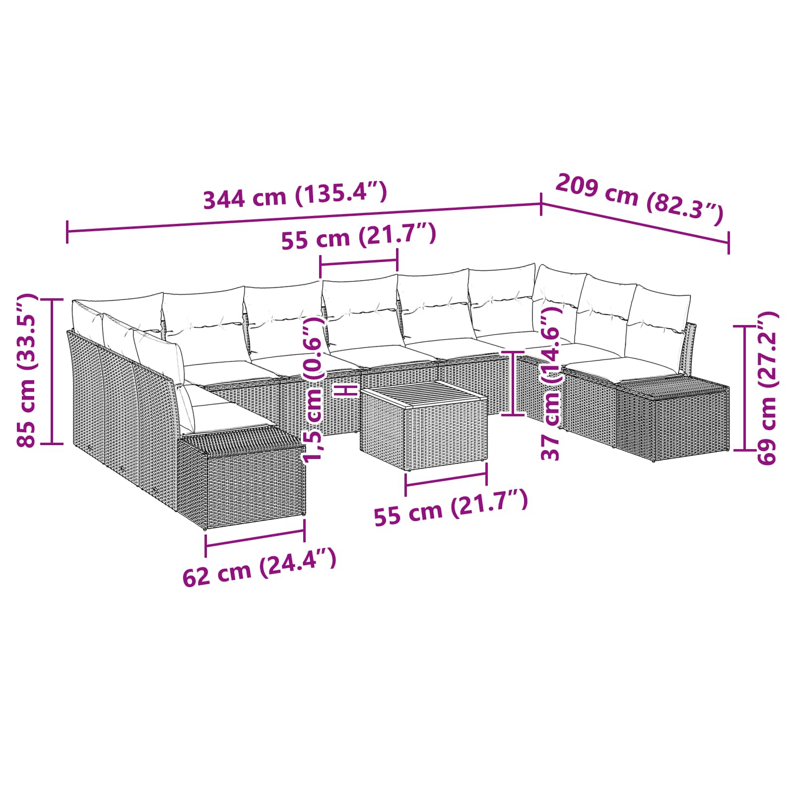 vidaXL Tuinbankenset met kussen 11 pcs Zwart poly rattan