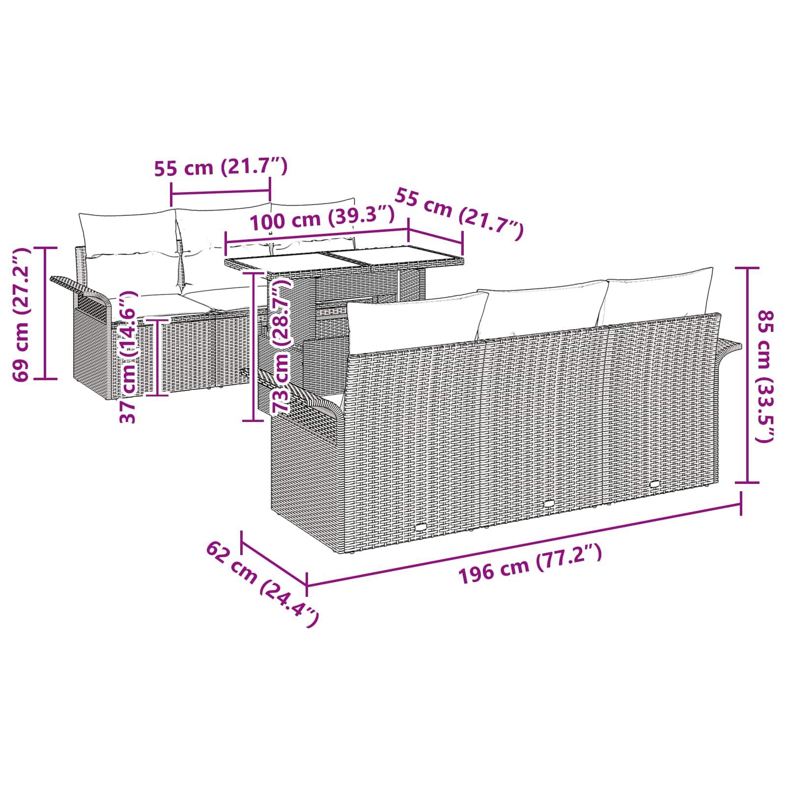 vidaXL Tuin Sofa Set met kussen 7 pcs Zwart Poly riet