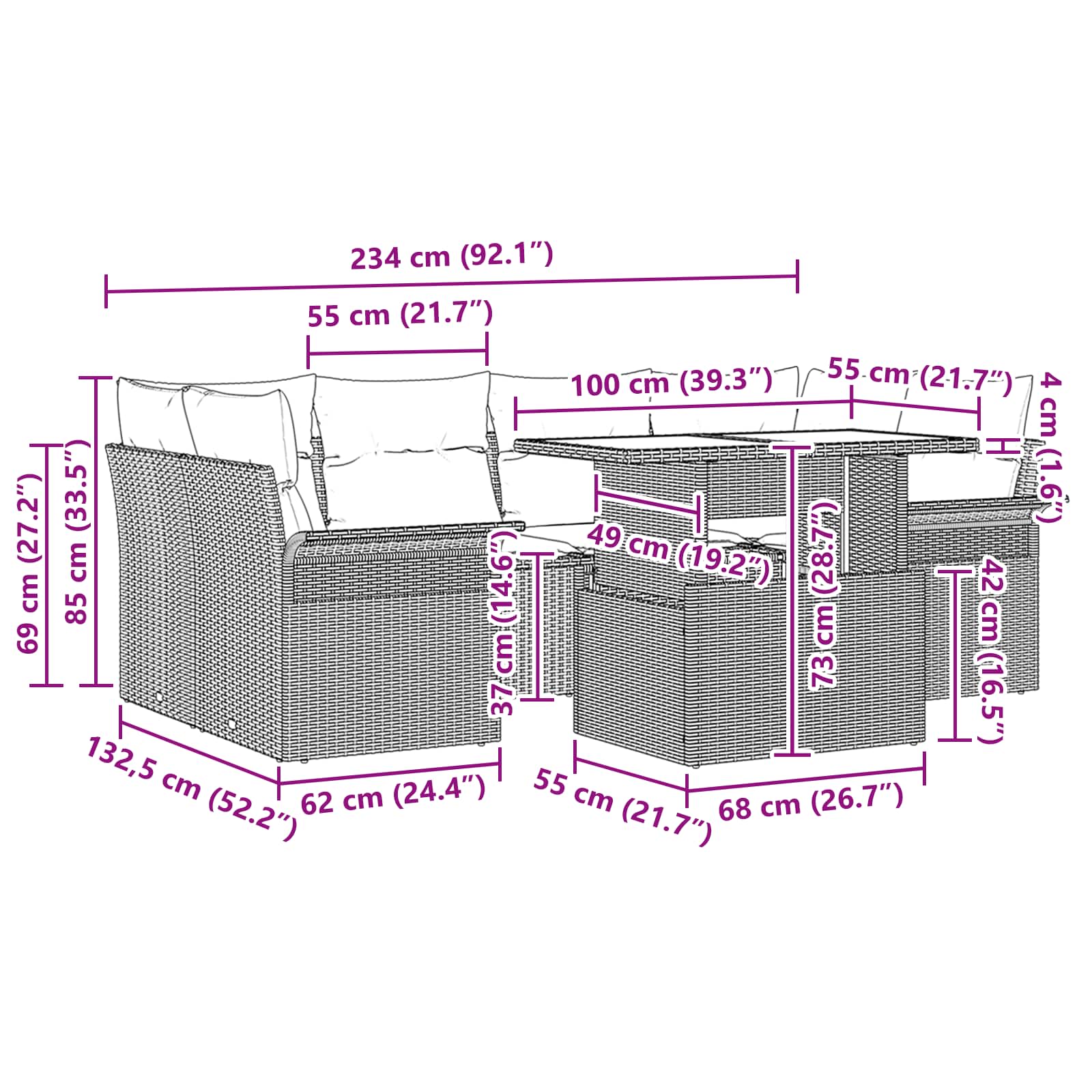 vidaXL Tuin Sofa Set met kussen 7 pcs Zwart Poly riet