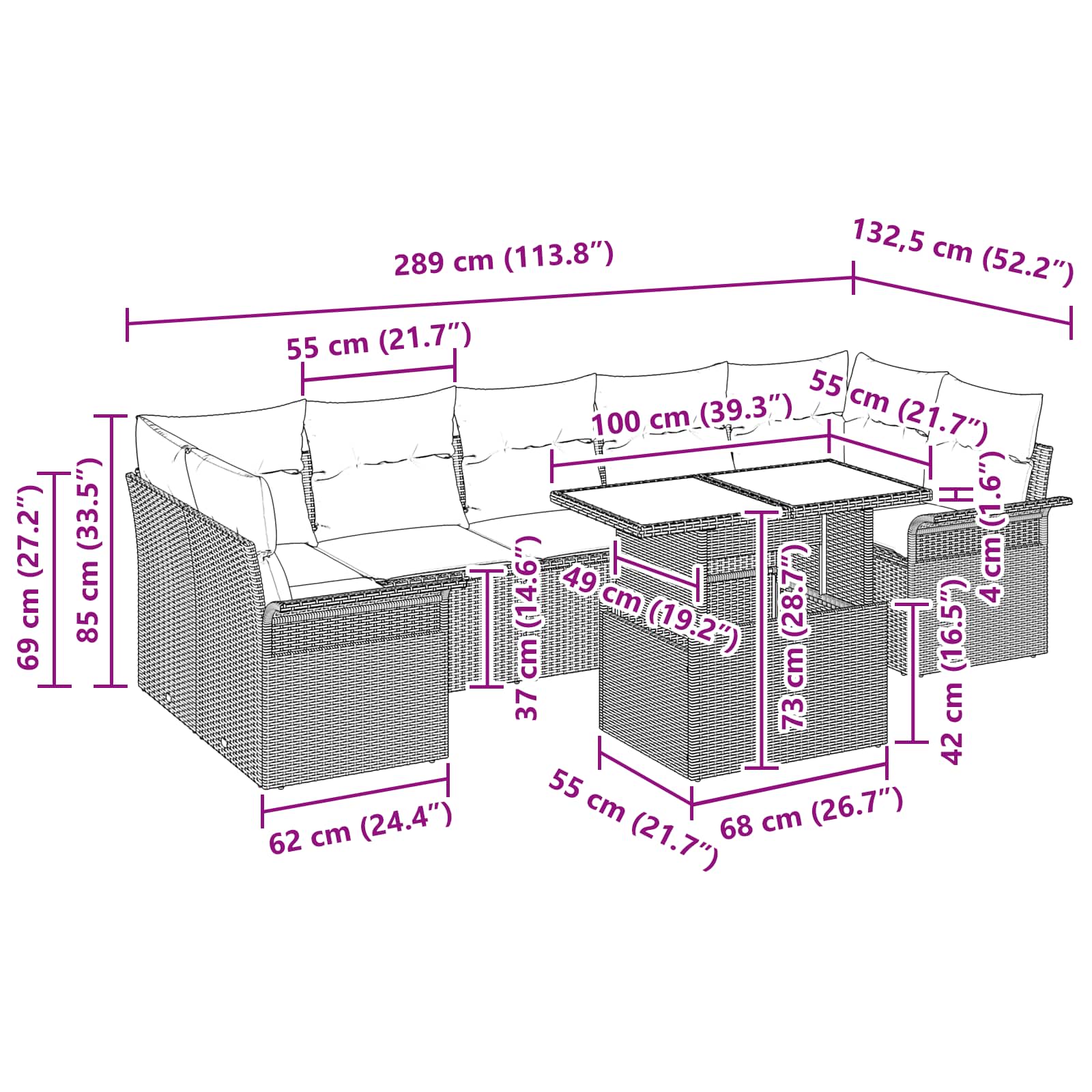 vidaXL Tuin Sofa Set met kussen 8 pcs Zwart Poly riet