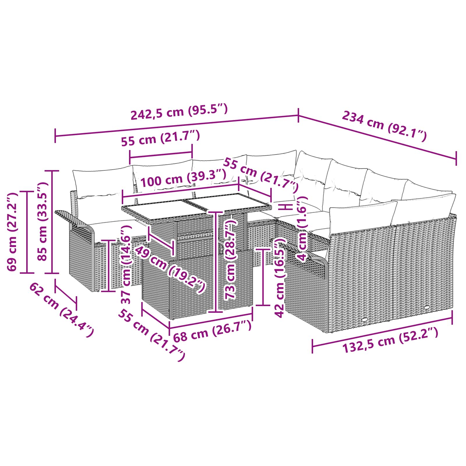 vidaXL Tuin Sofa Set met kussen 9 pcs Zwart Poly riet