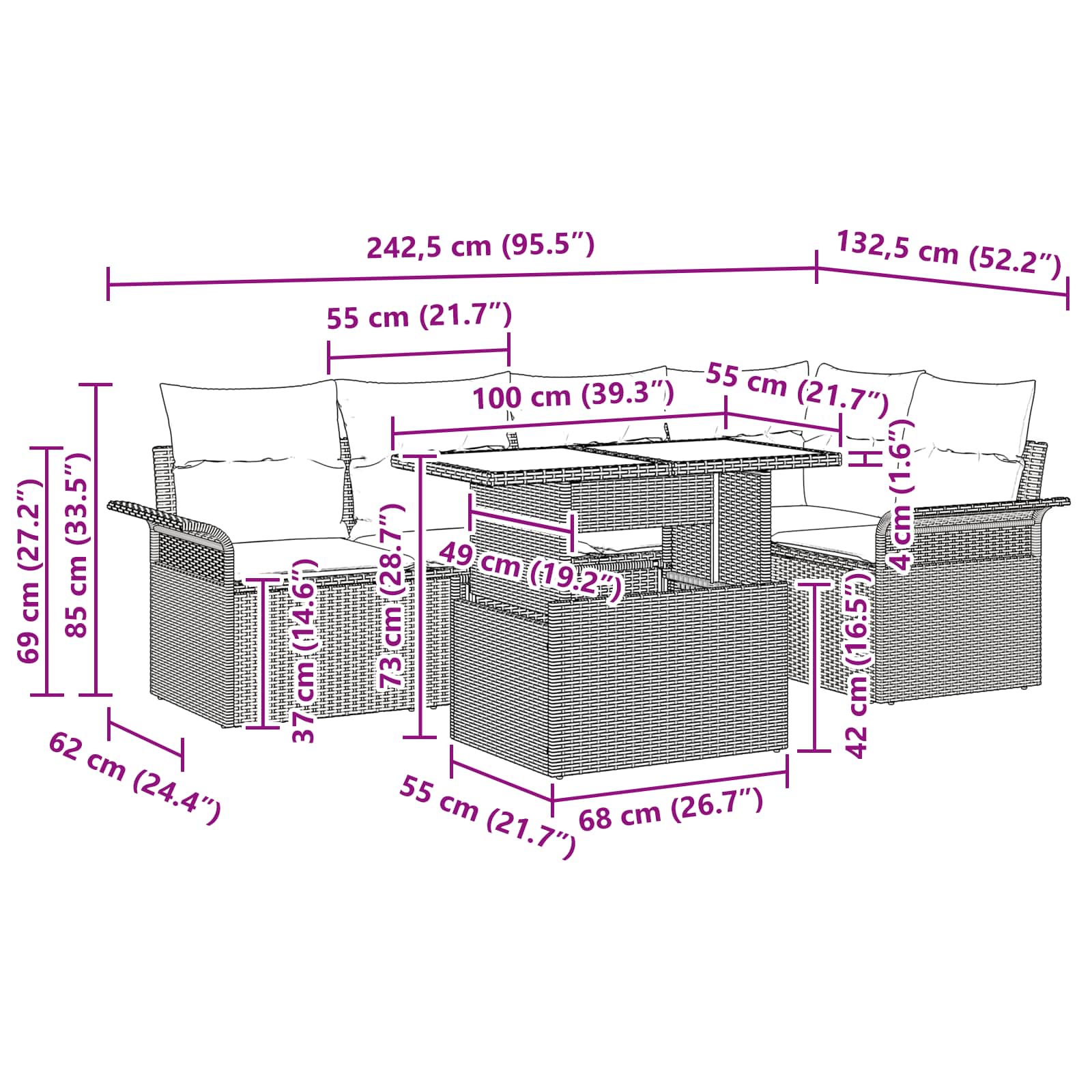 vidaXL Tuin Sofa Set met kussen 6 pcs Zwart Poly riet