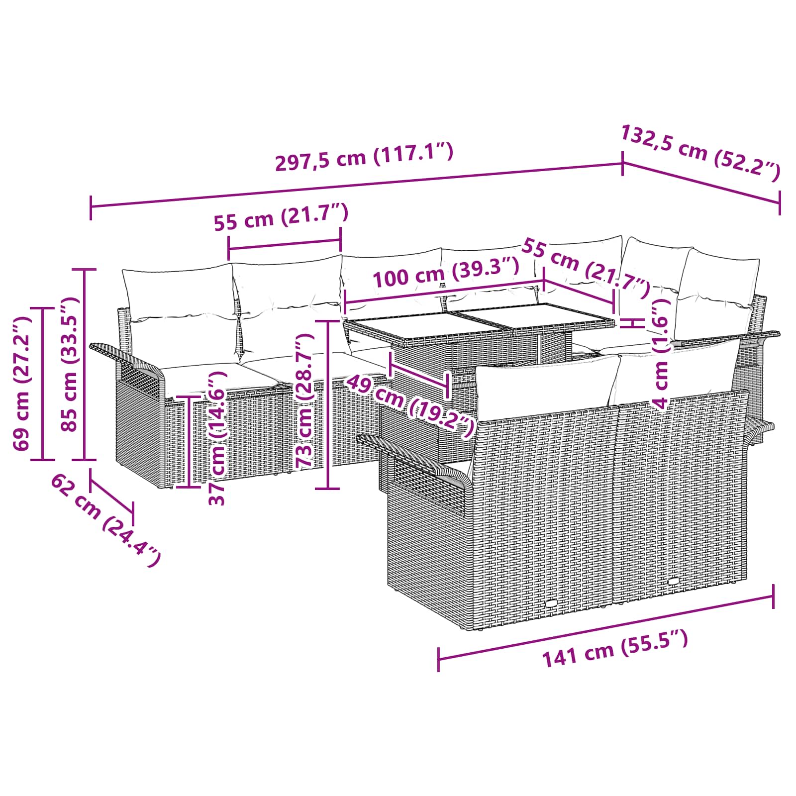 vidaXL Tuin Sofa Set met kussen 9 pcs Zwart Poly riet