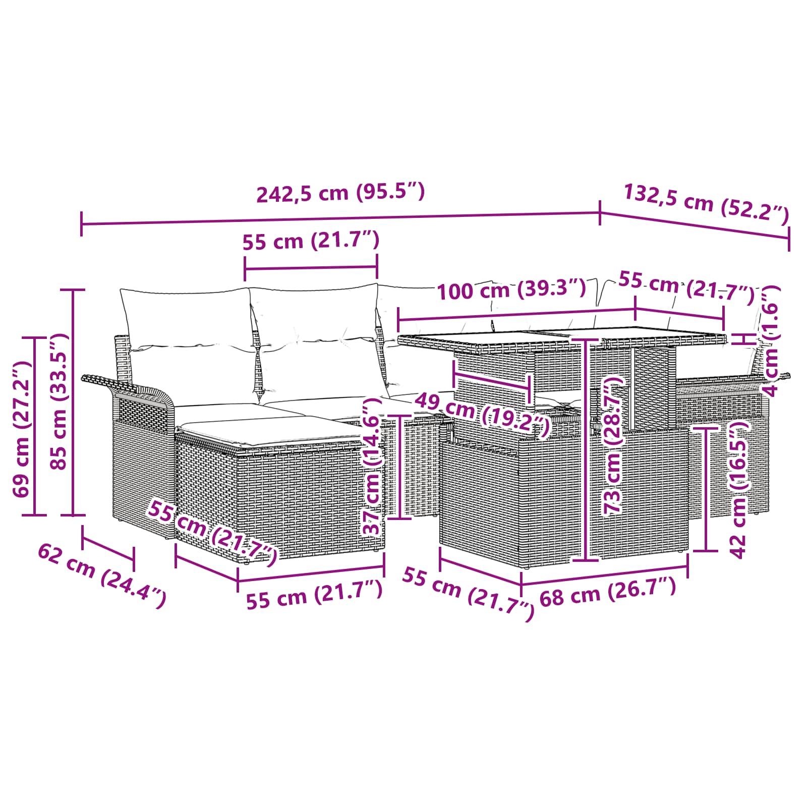 vidaXL Tuin Sofa Set met kussen 7 pcs Zwart Poly riet