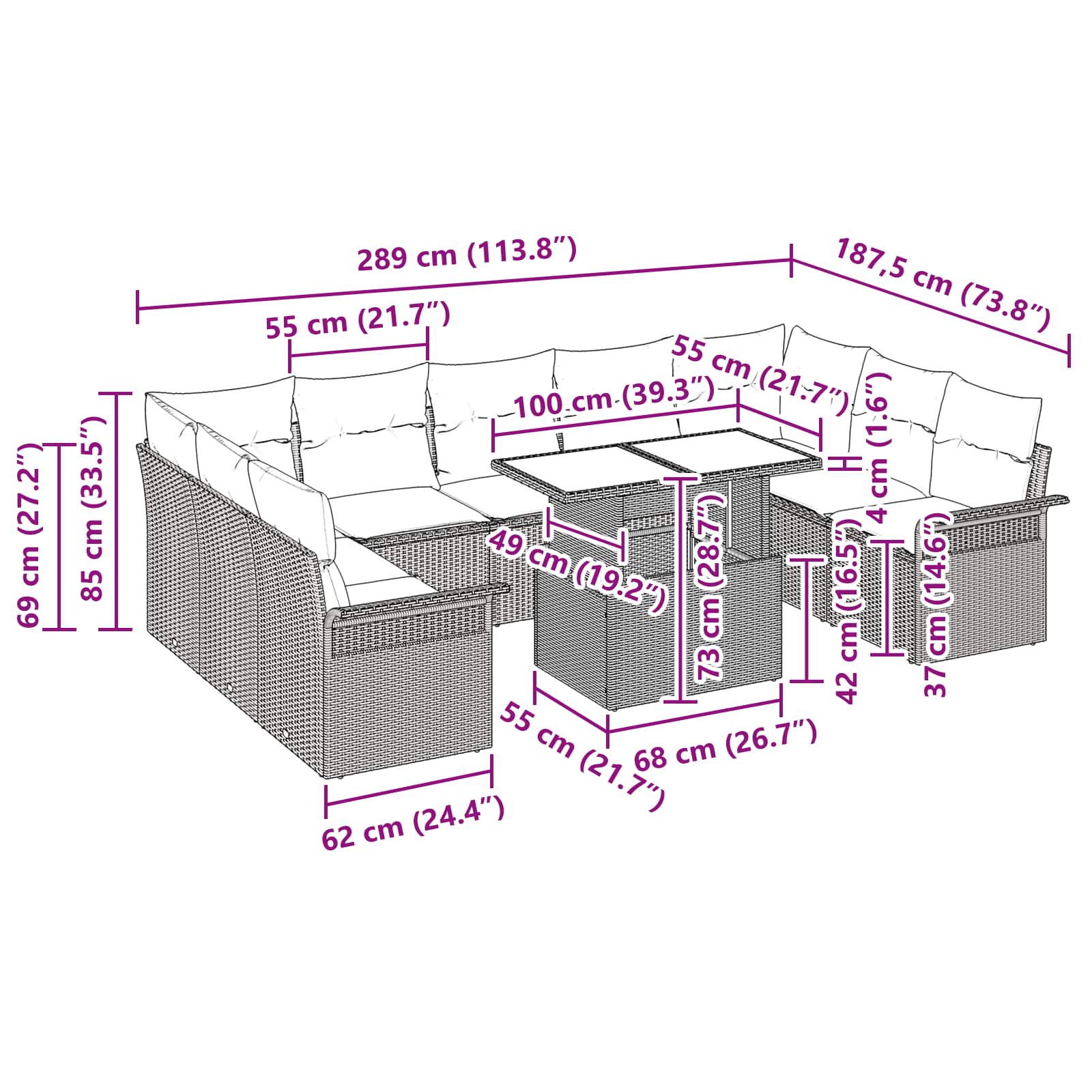 vidaXL Tuin Sofa Set met kussen 10 pcs Zwart Poly riet