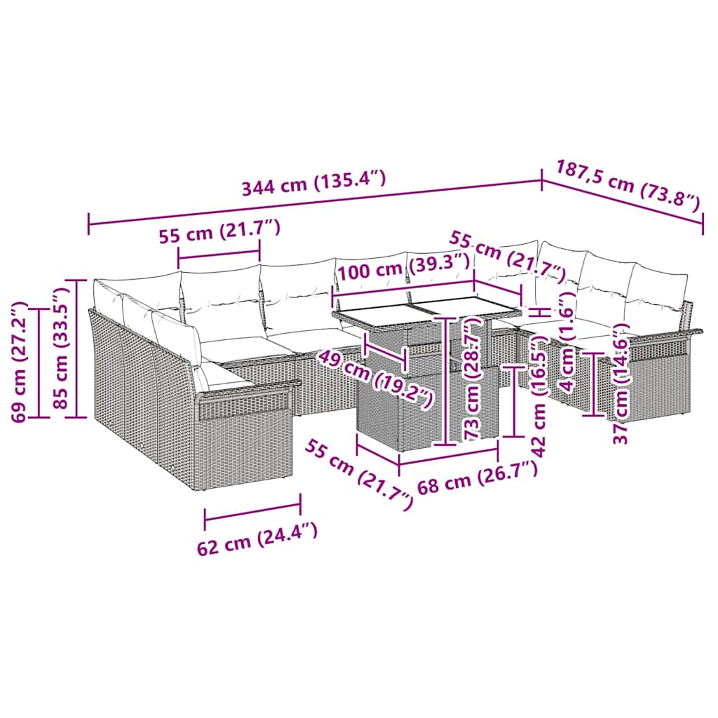 vidaXL Tuin Sofa Set met kussen 11 pcs Zwart Poly riet