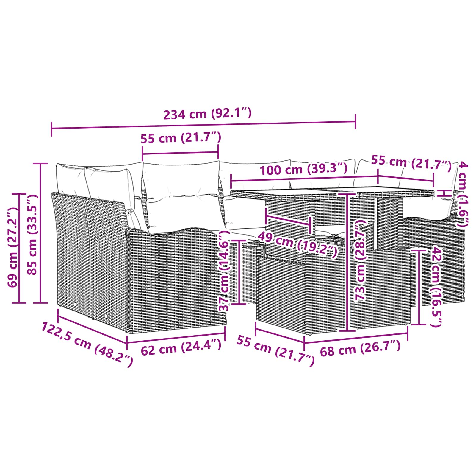 vidaXL Tuin Sofa Set met kussen 7 pcs Bruin Poly riet