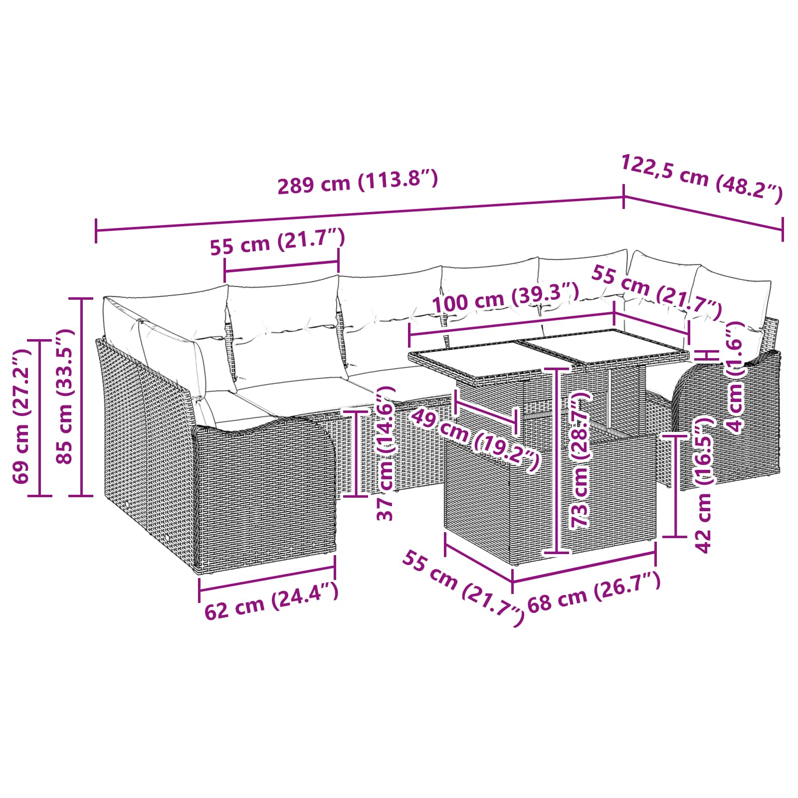 vidaXL Tuin Sofa Set met kussen 8 pcs Bruin Poly riet