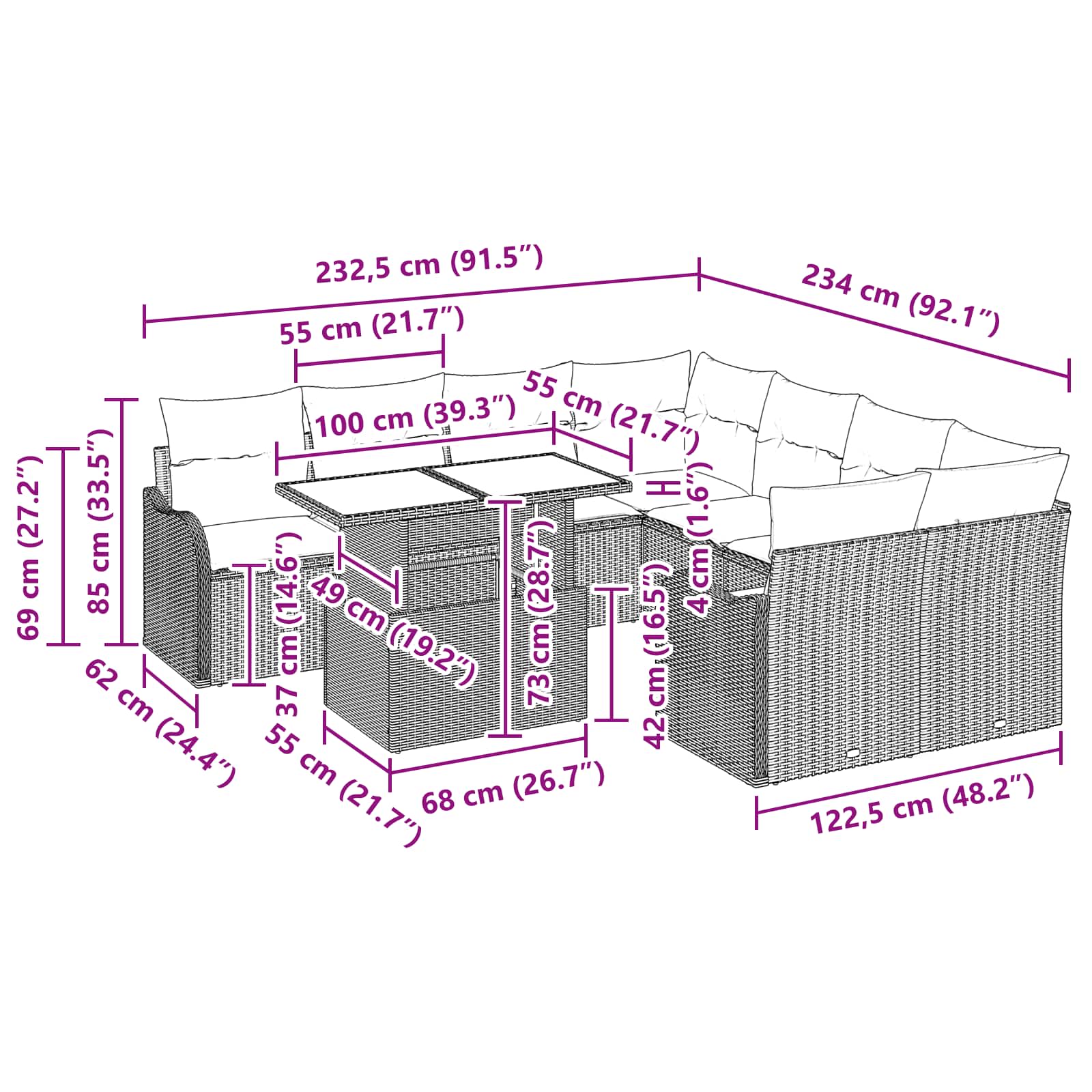 vidaXL Eetkamerset met kussen 9 pcs Bruin