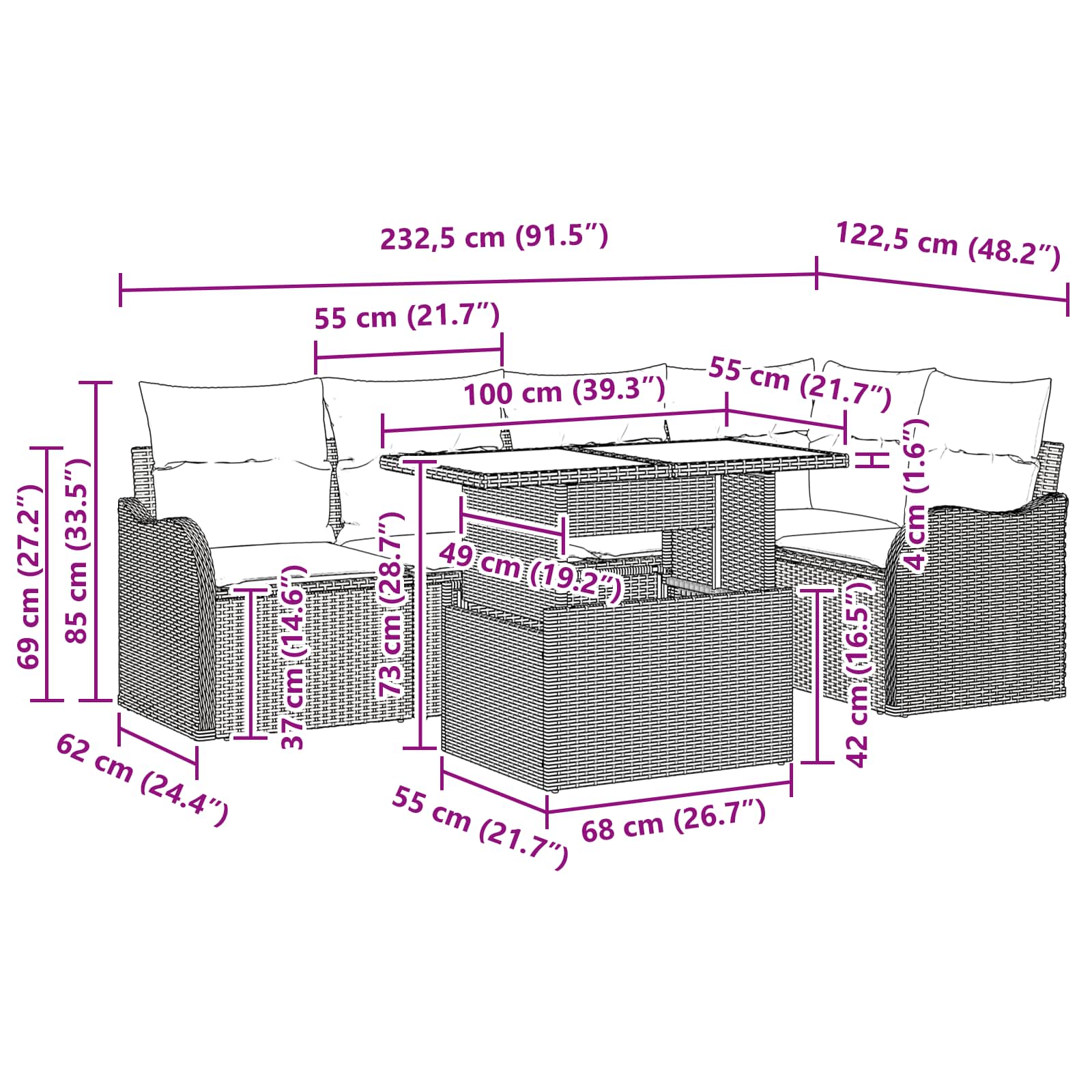 vidaXL Eetkamerset met kussen 6 pcs Bruin Poly riet