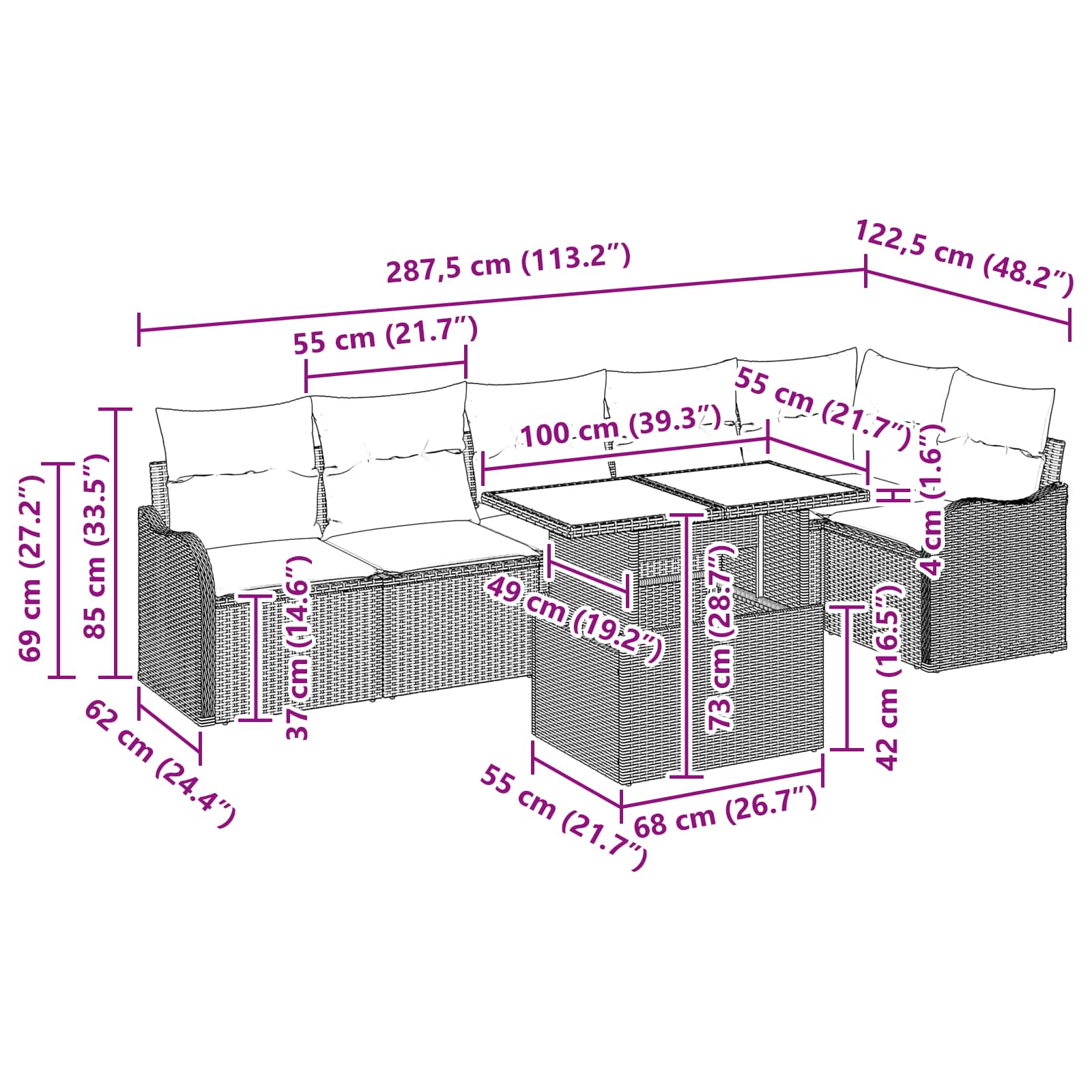 vidaXL Tuin Sofa Set met kussen 7 pcs Bruin poly rattan