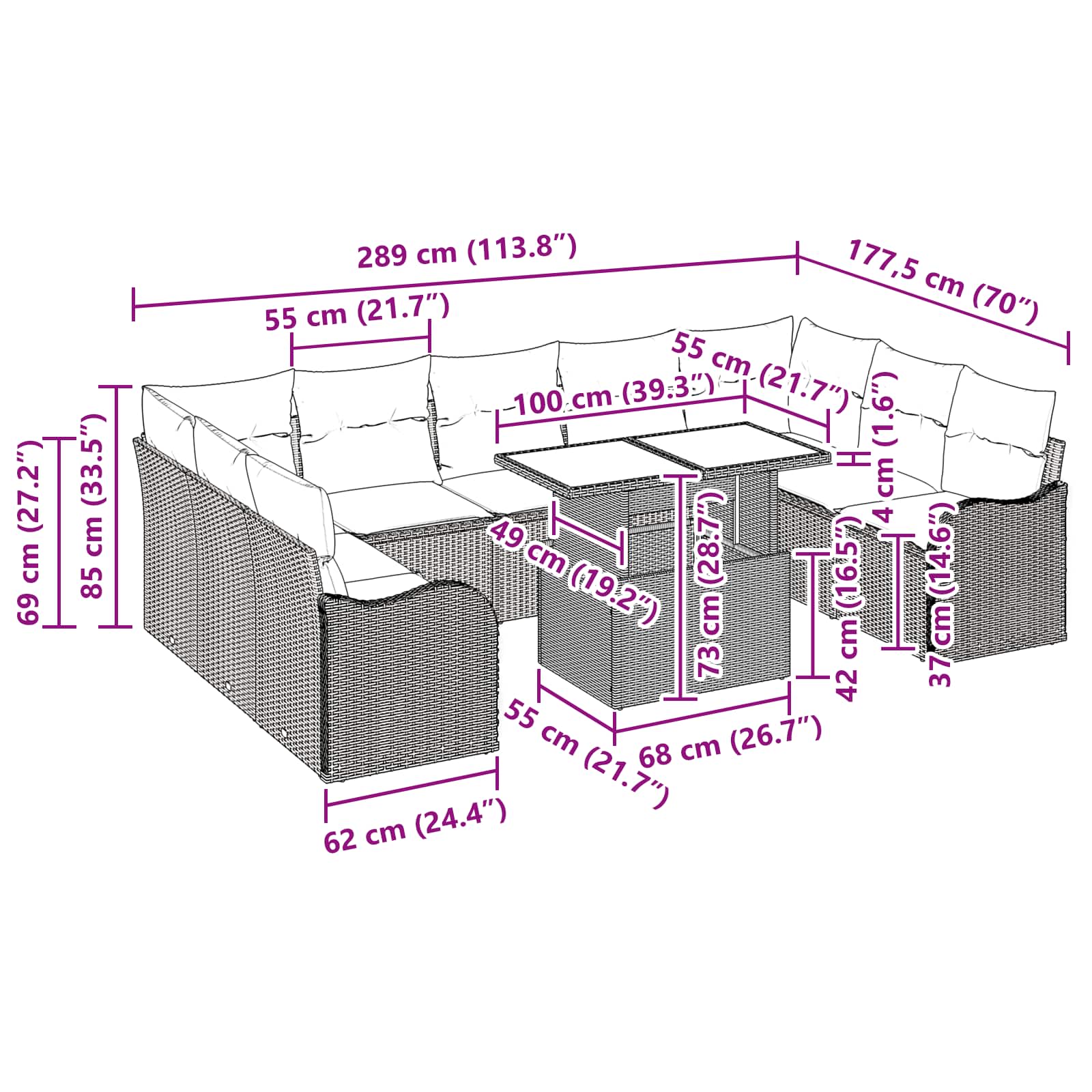 vidaXL Tuin Sofa Set met kussen 10 pcs Bruin Poly riet