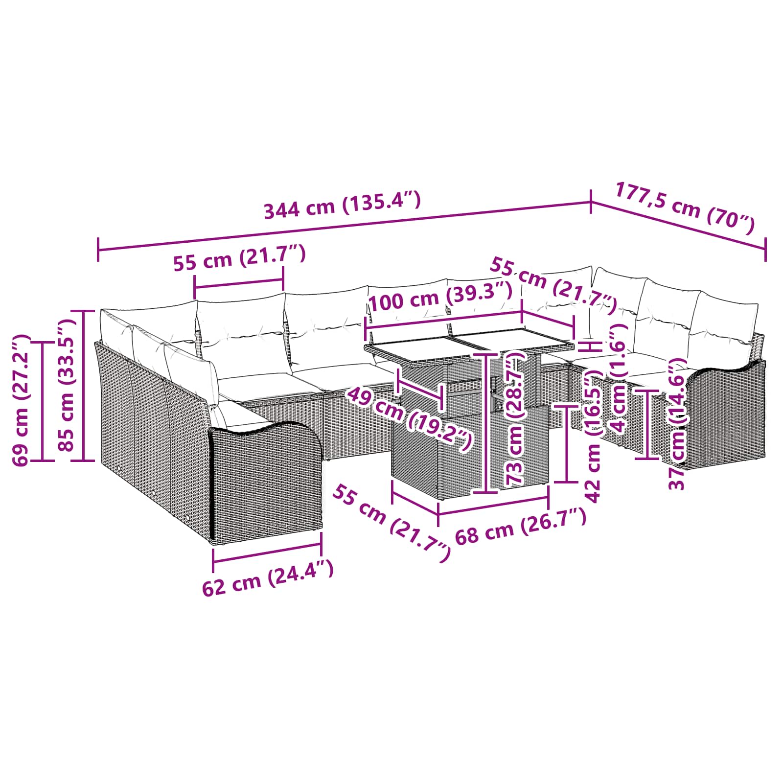 vidaXL Tuin Sofa Set met kussen 11 pcs Bruin Poly riet