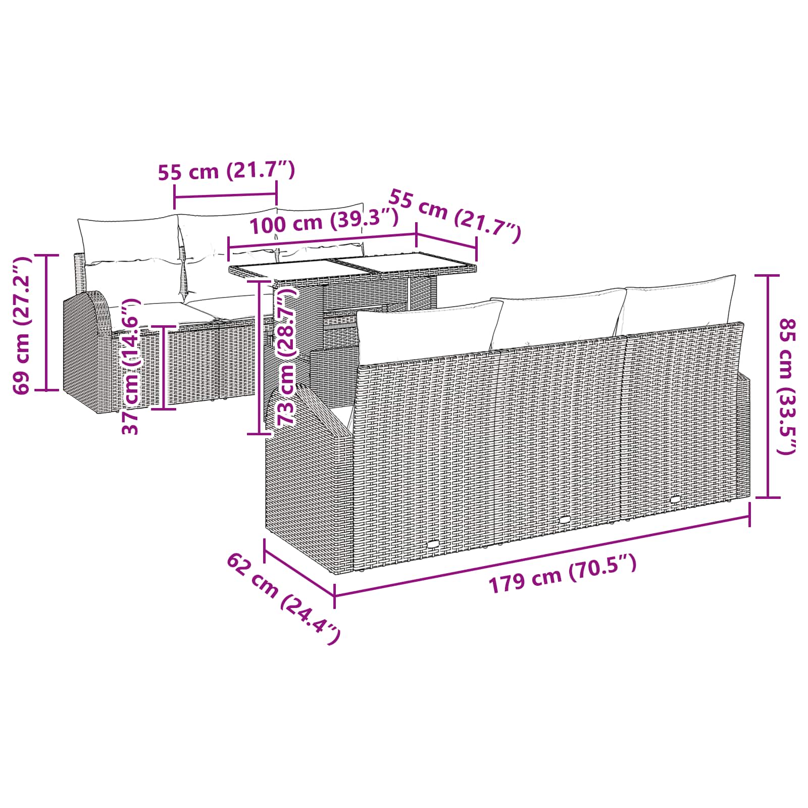 vidaXL Tuin Sofa Set met kussen 7 pcs Bruin Poly riet