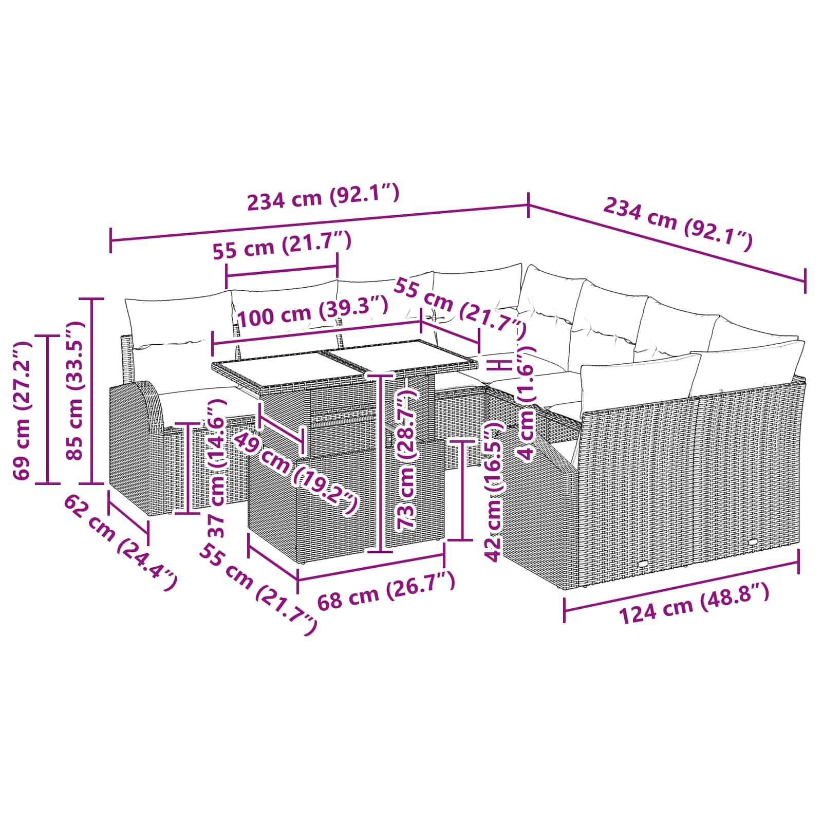 vidaXL Tuin Sofa Set met opslag 9 pcs Bruin poly rattan