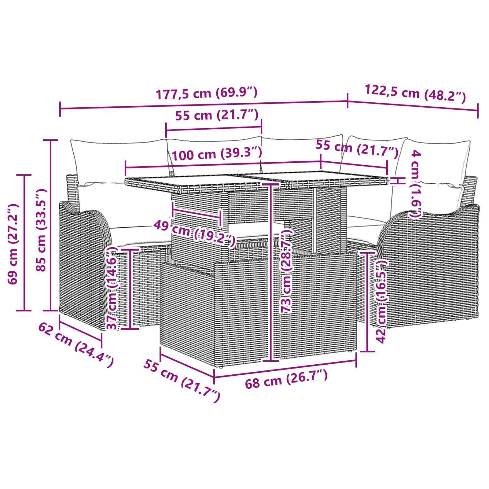 vidaXL Tuin Sofa Set met opslag 5 pcs Bruin en Rood poly rattan