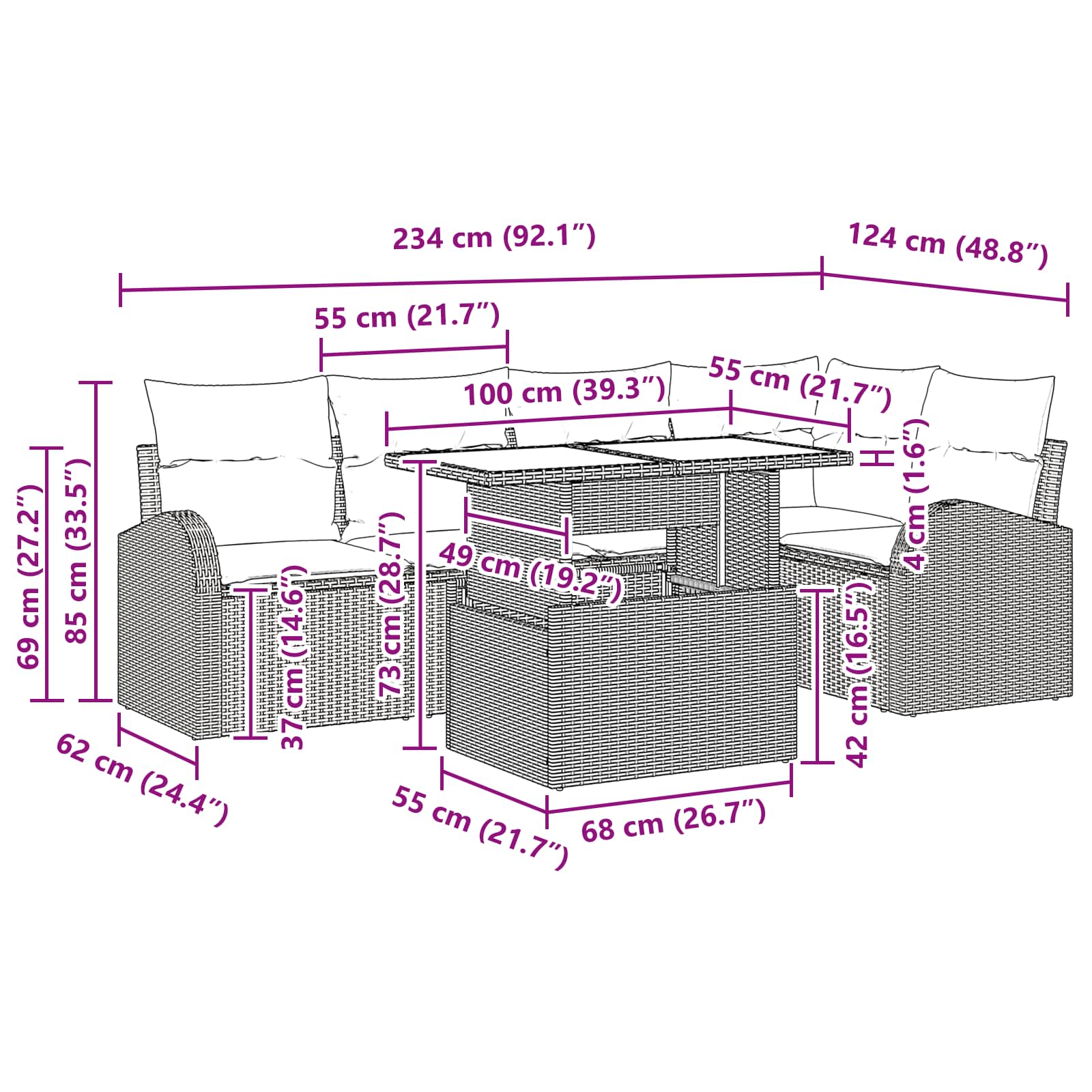 vidaXL Tuin Sofa Set met kussen 6 pcs Bruin en rood poly rattan