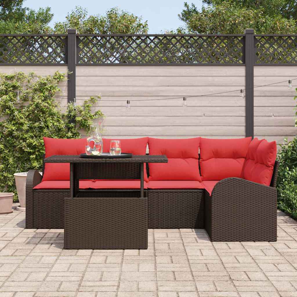 vidaXL Tuin Sofa Set met kussen 6 pcs Bruin en rood poly rattan