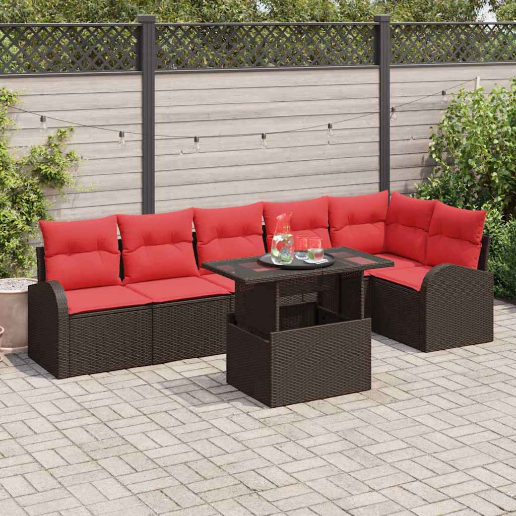 vidaXL Tuin Sofa Set met opslag 7 pcs Bruin en Rood poly rattan