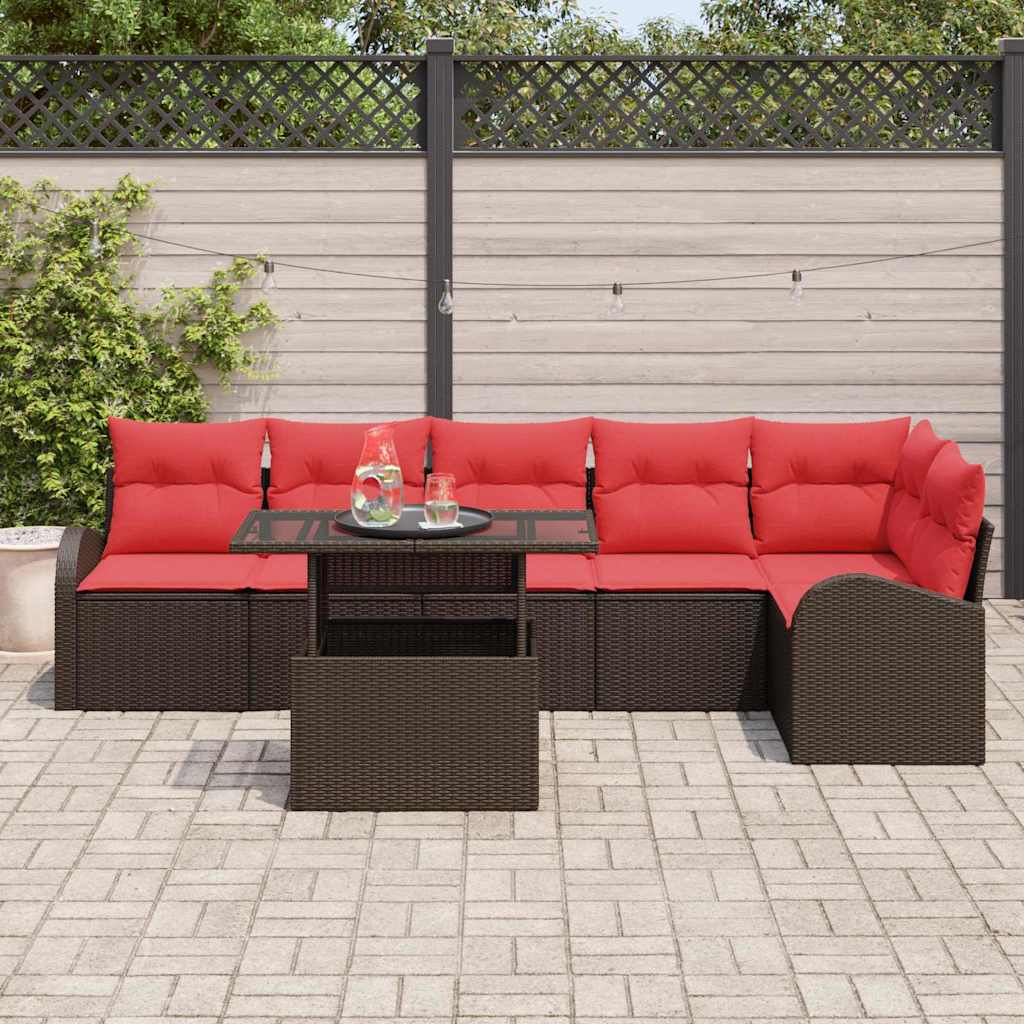 vidaXL Tuin Sofa Set met opslag 7 pcs Bruin en Rood poly rattan