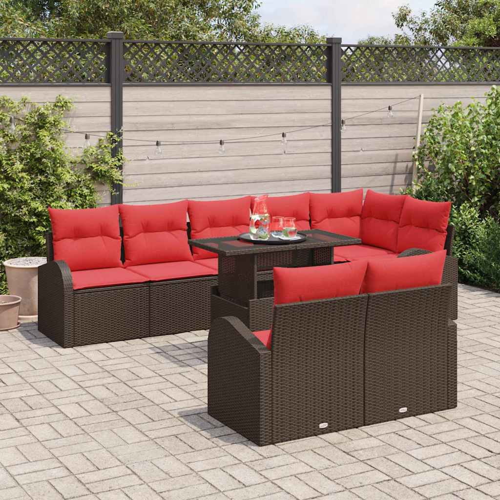 vidaXL Tuin Sofa Set met opslag 9 pcs Bruin en Rood poly rattan