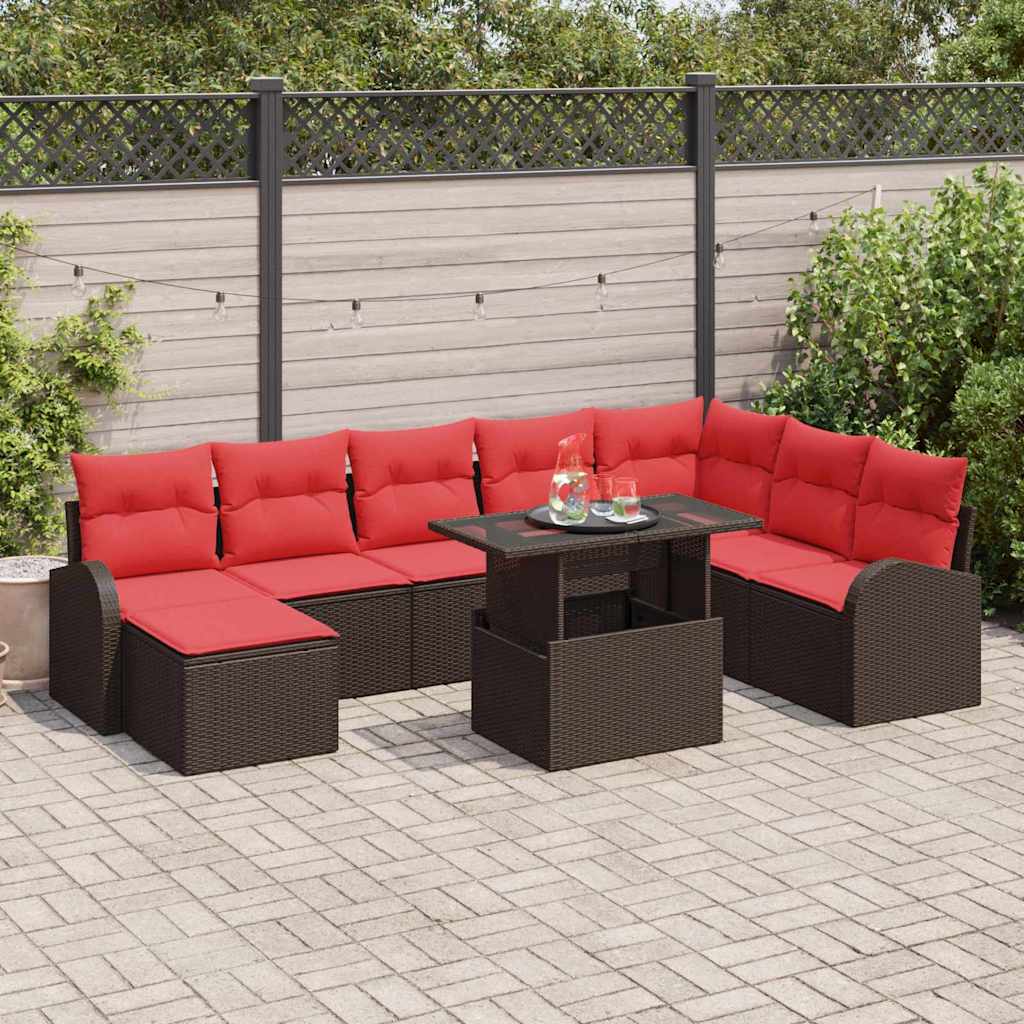vidaXL Tuin Sofa Set met opslag 9 pcs Bruin en Rood poly rattan
