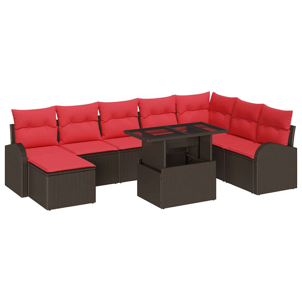 vidaXL Tuin Sofa Set met opslag 9 pcs Bruin en Rood poly rattan